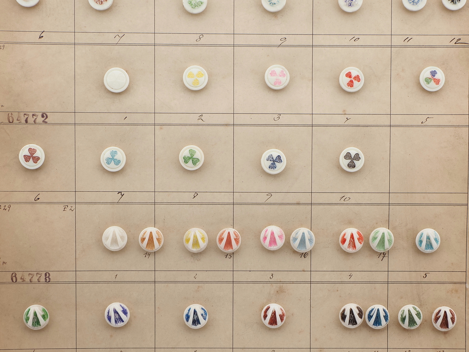 Sample card (42) Czech antique glass buttons geometric floral uranium