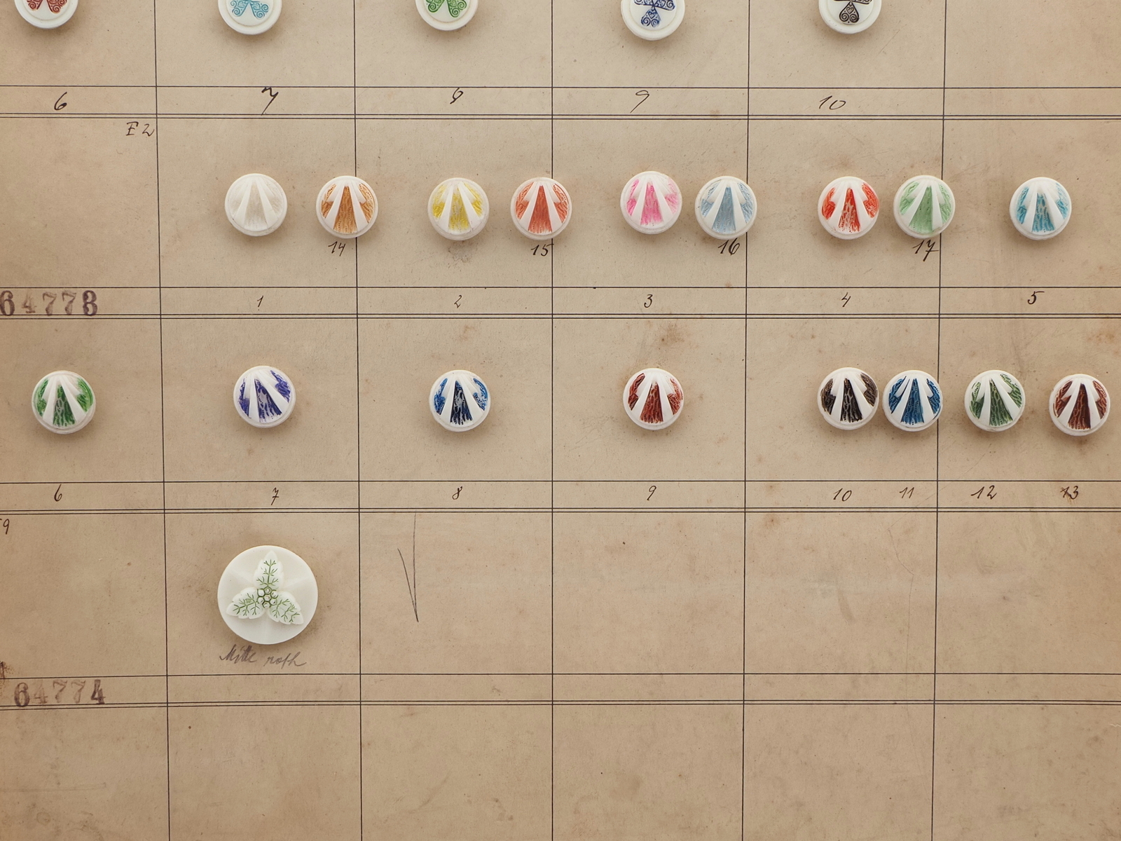 Sample card (42) Czech antique glass buttons geometric floral uranium