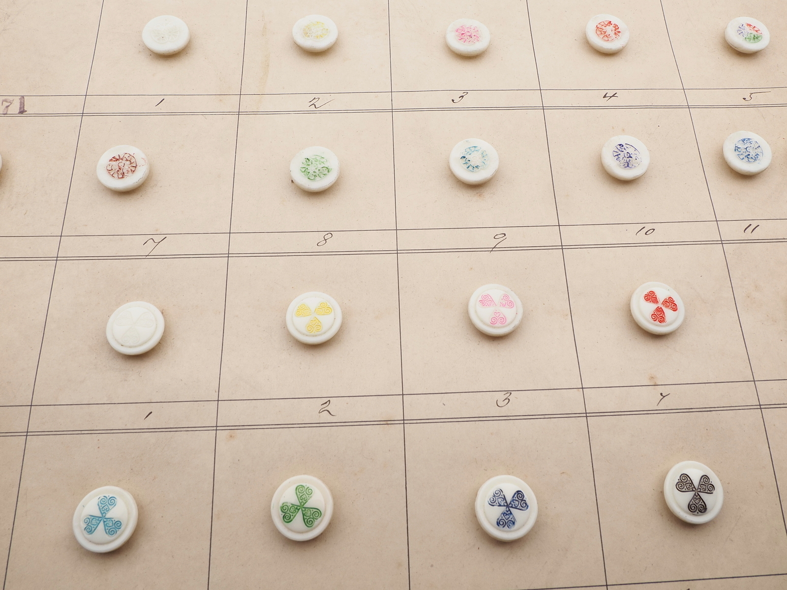 Sample card (42) Czech antique glass buttons geometric floral uranium