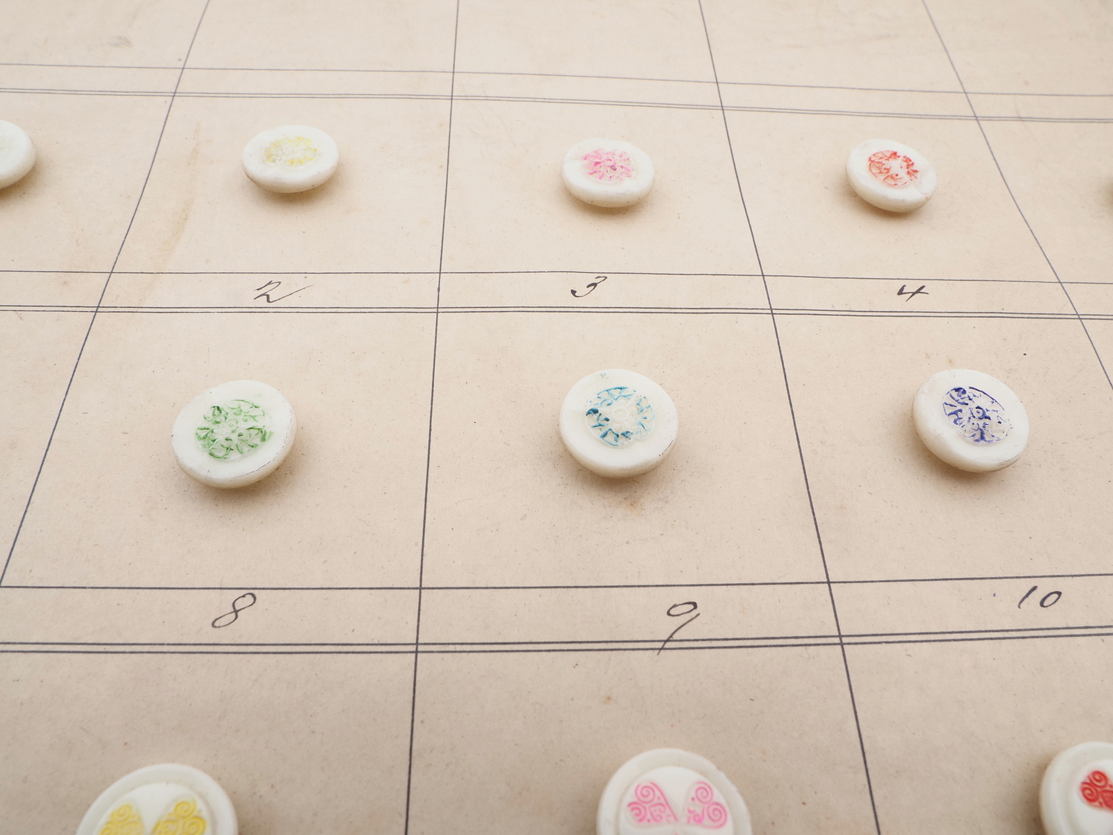 Sample card (42) Czech antique glass buttons geometric floral uranium