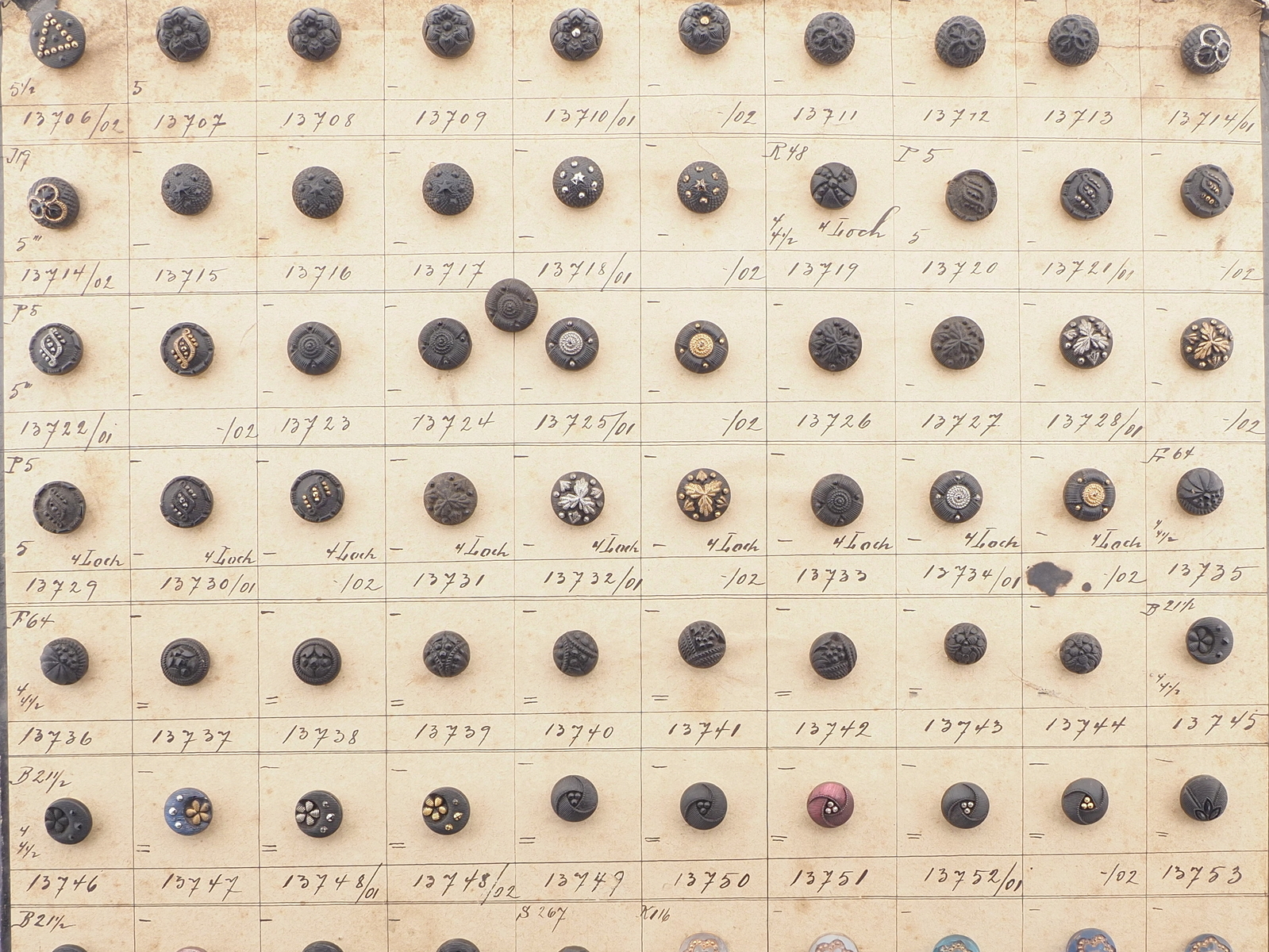 Sample card (138) Czech antique dimi glass buttons 