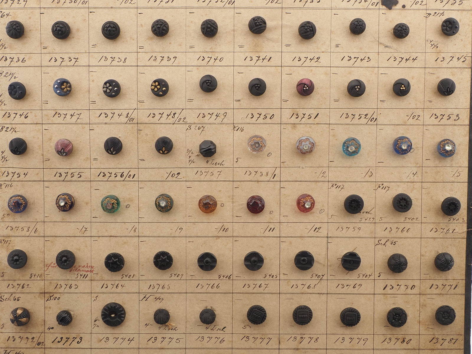 Sample card (138) Czech antique dimi glass buttons 