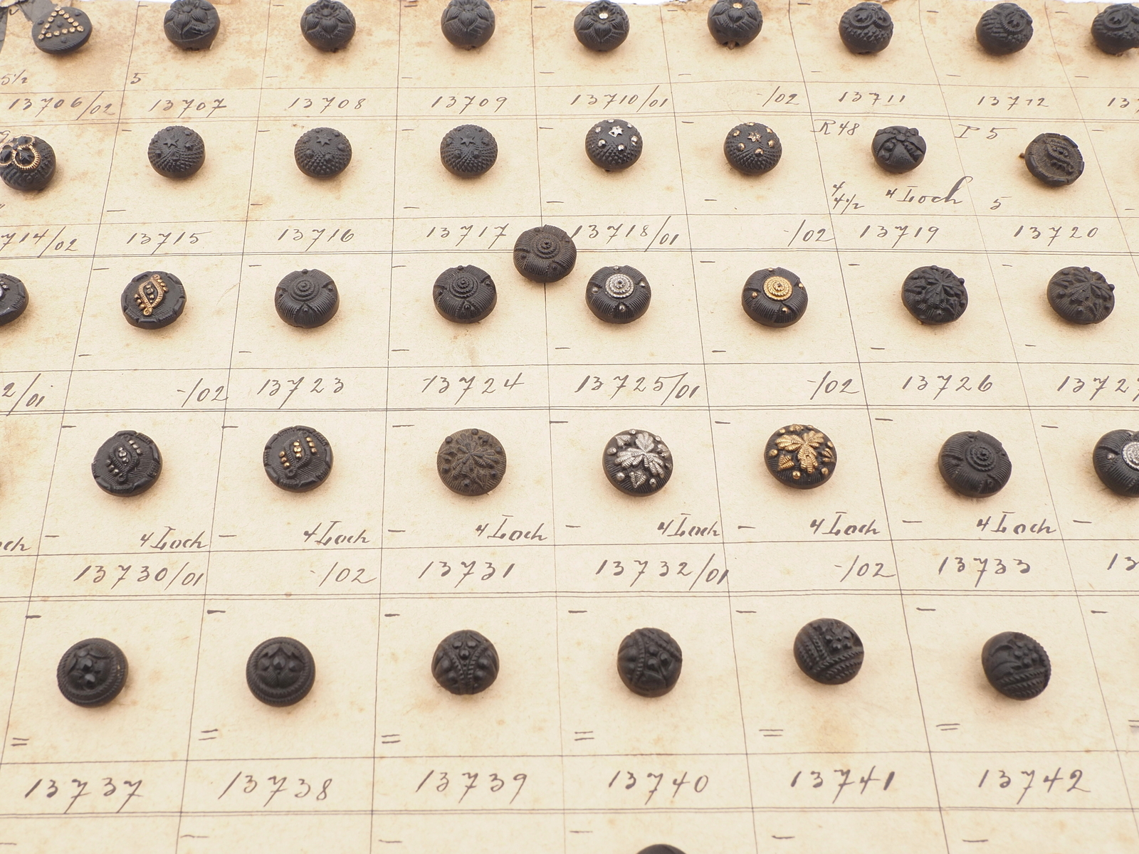 Sample card (138) Czech antique dimi glass buttons 