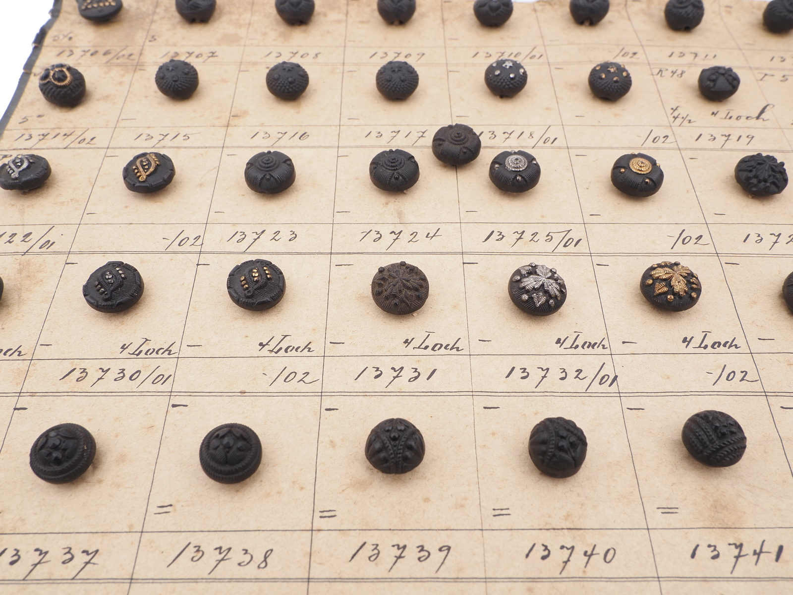 Sample card (138) Czech antique dimi glass buttons 