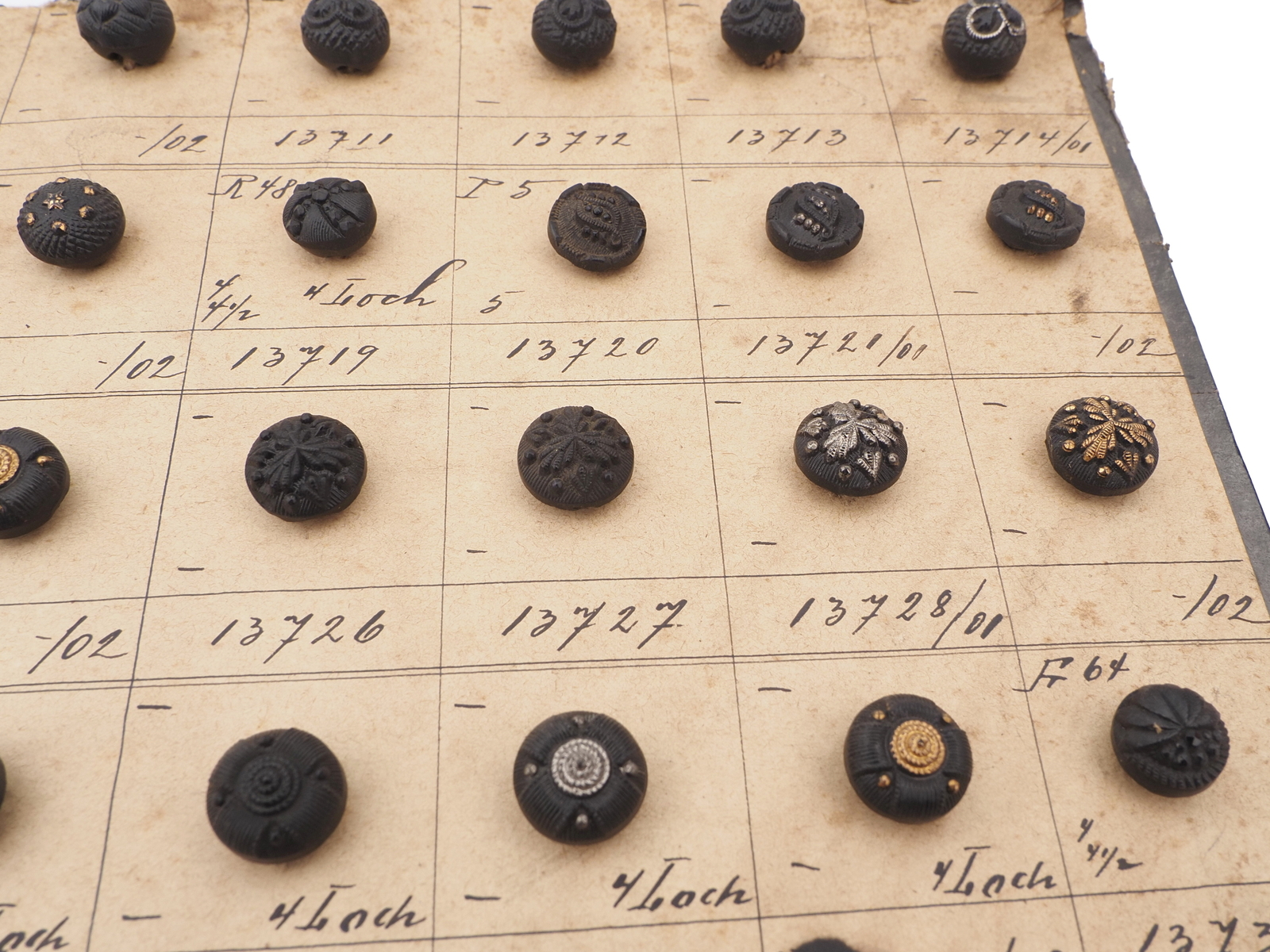 Sample card (138) Czech antique dimi glass buttons 