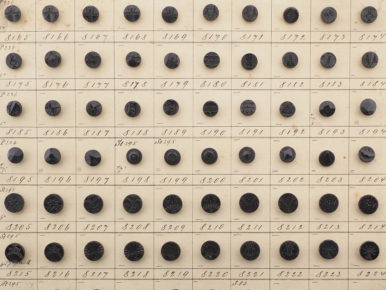 Sample card (140) Czech antique black carved dimi glass buttons 