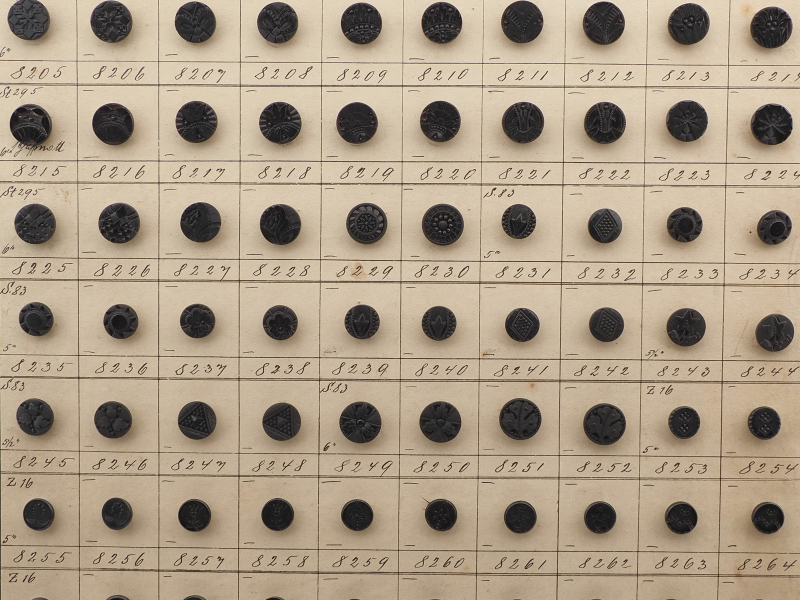 Sample card (140) Czech antique black carved dimi glass buttons 