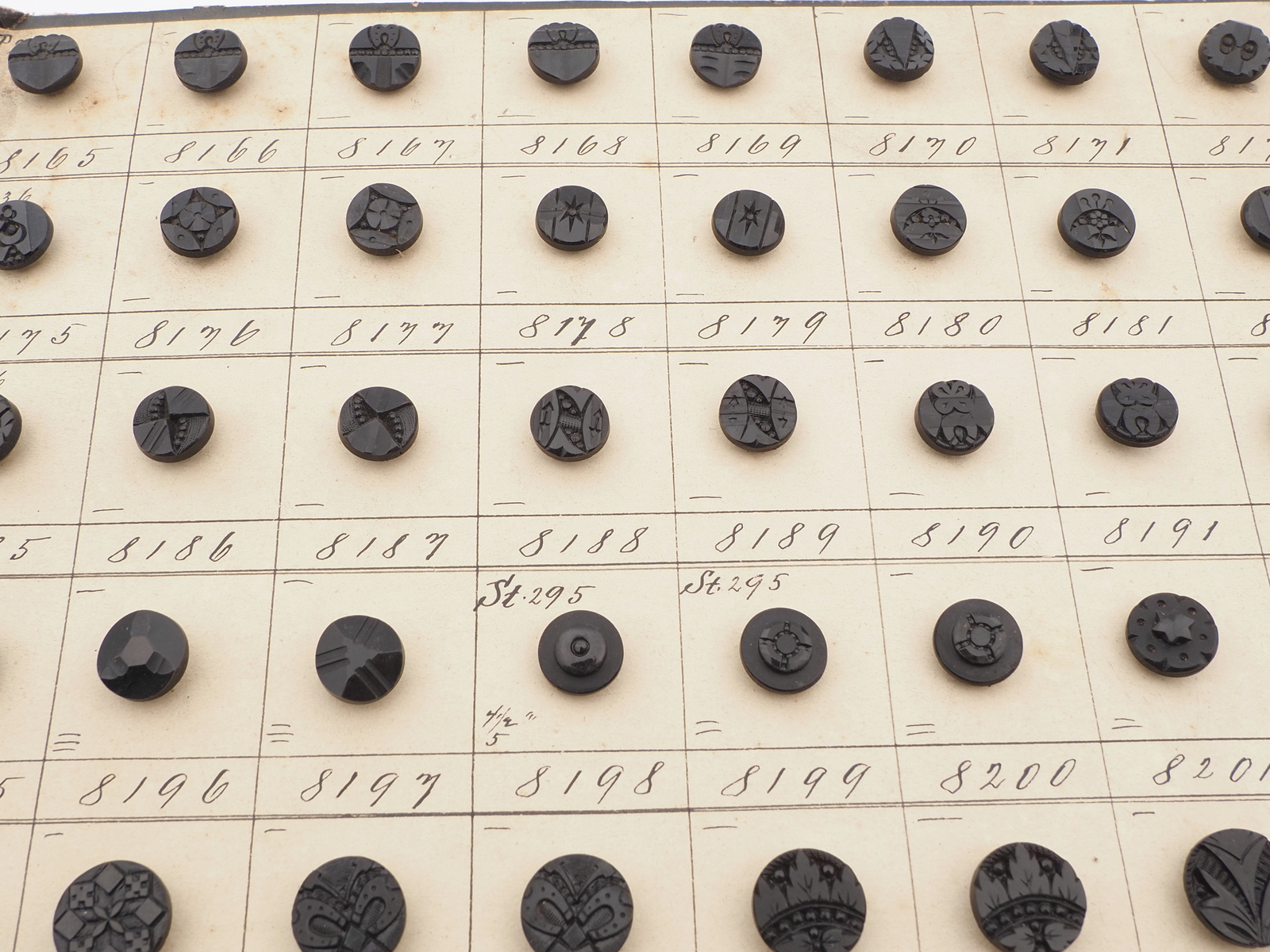Sample card (140) Czech antique black carved dimi glass buttons 