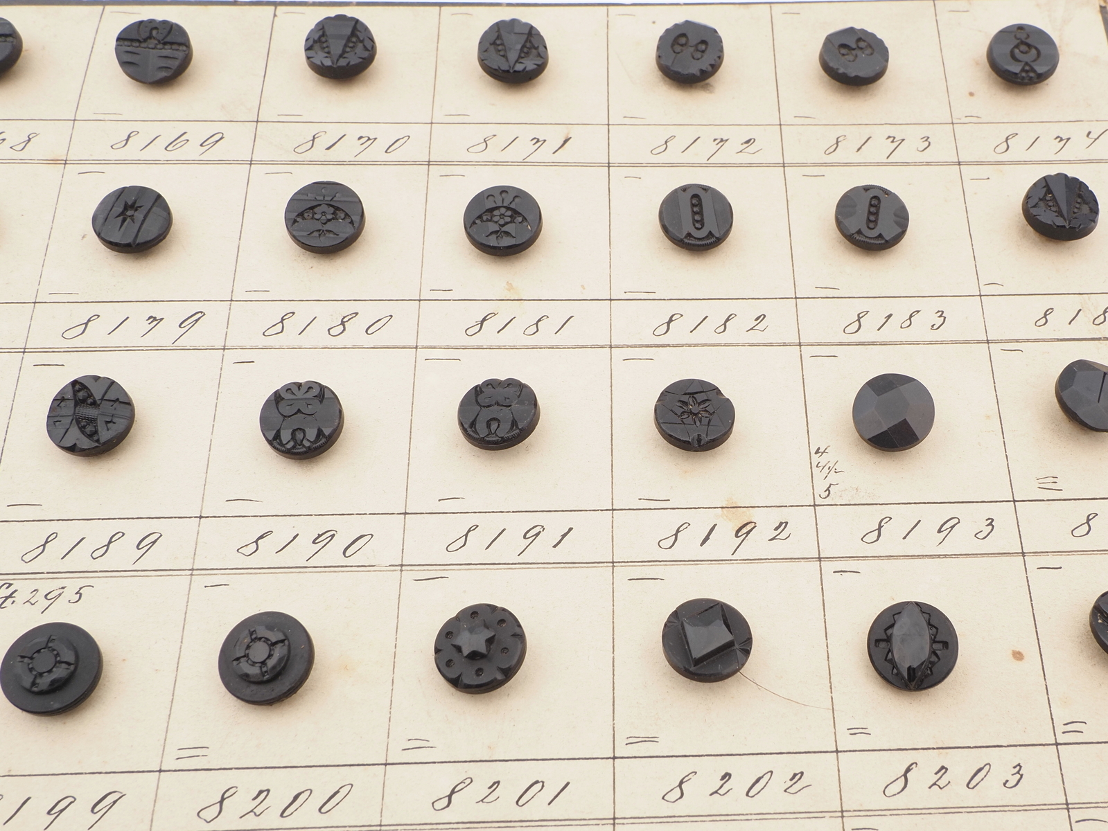 Sample card (140) Czech antique black carved dimi glass buttons 