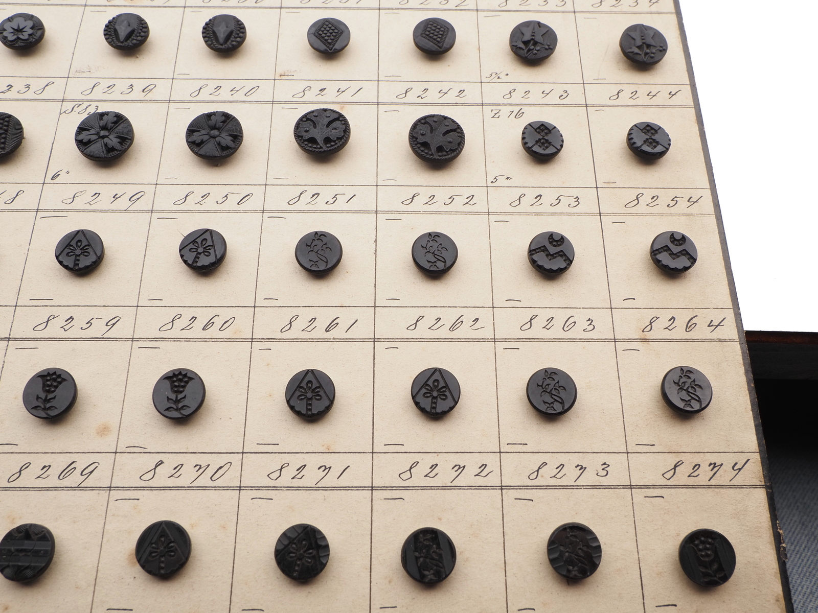 Sample card (140) Czech antique black carved dimi glass buttons 