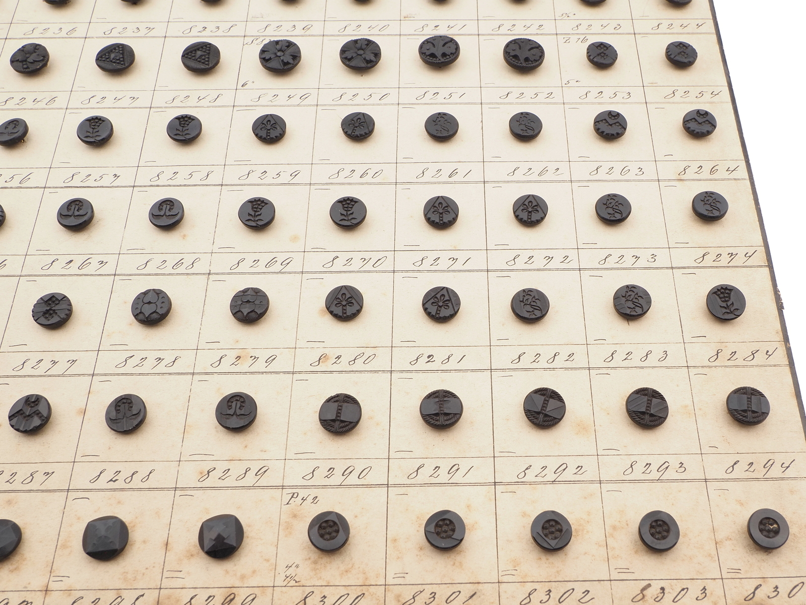 Sample card (140) Czech antique black carved dimi glass buttons 