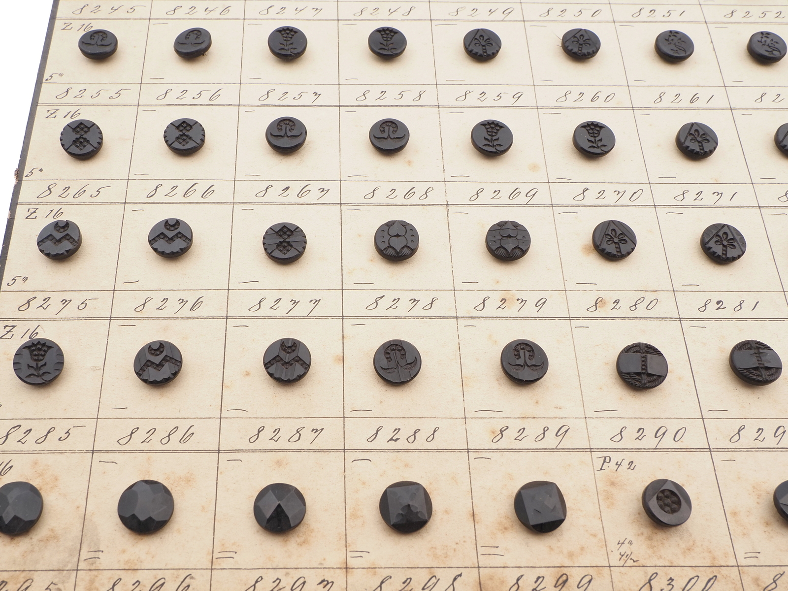 Sample card (140) Czech antique black carved dimi glass buttons 