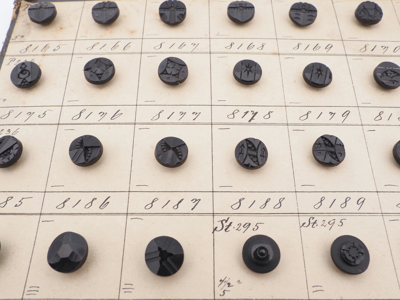 Sample card (140) Czech antique black carved dimi glass buttons 