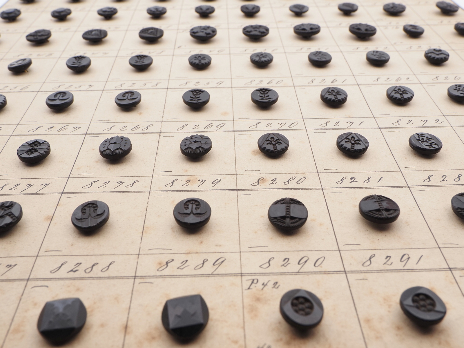 Sample card (140) Czech antique black carved dimi glass buttons 