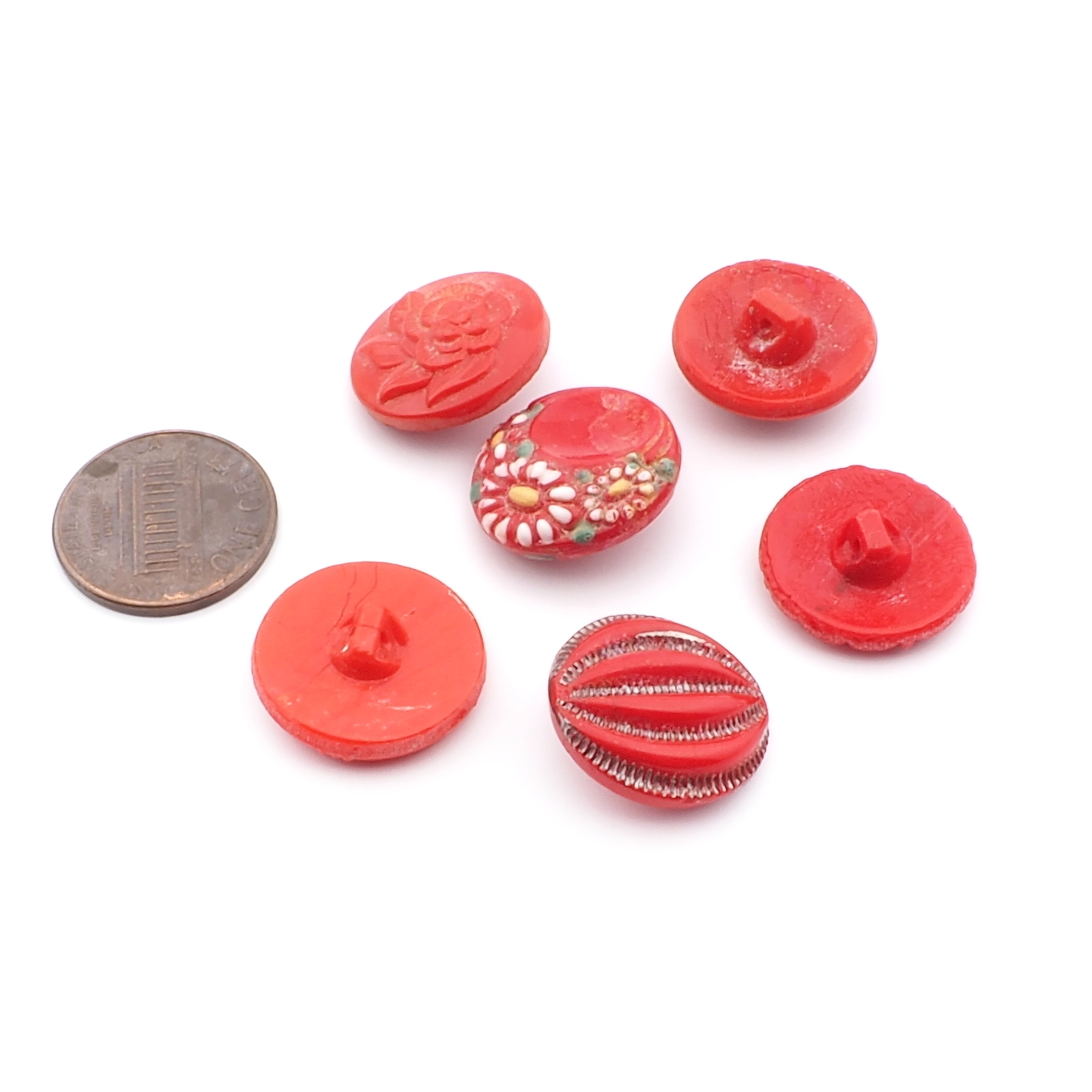 Lot (6) Czech 1920's Art Deco vintage red geometric and floral glass buttons