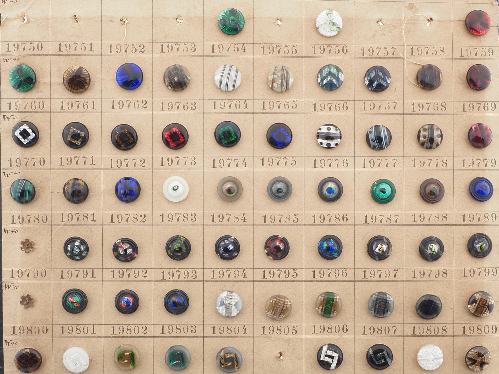 Sample card (136) Czech antique lampwork glass buttons rosette shank