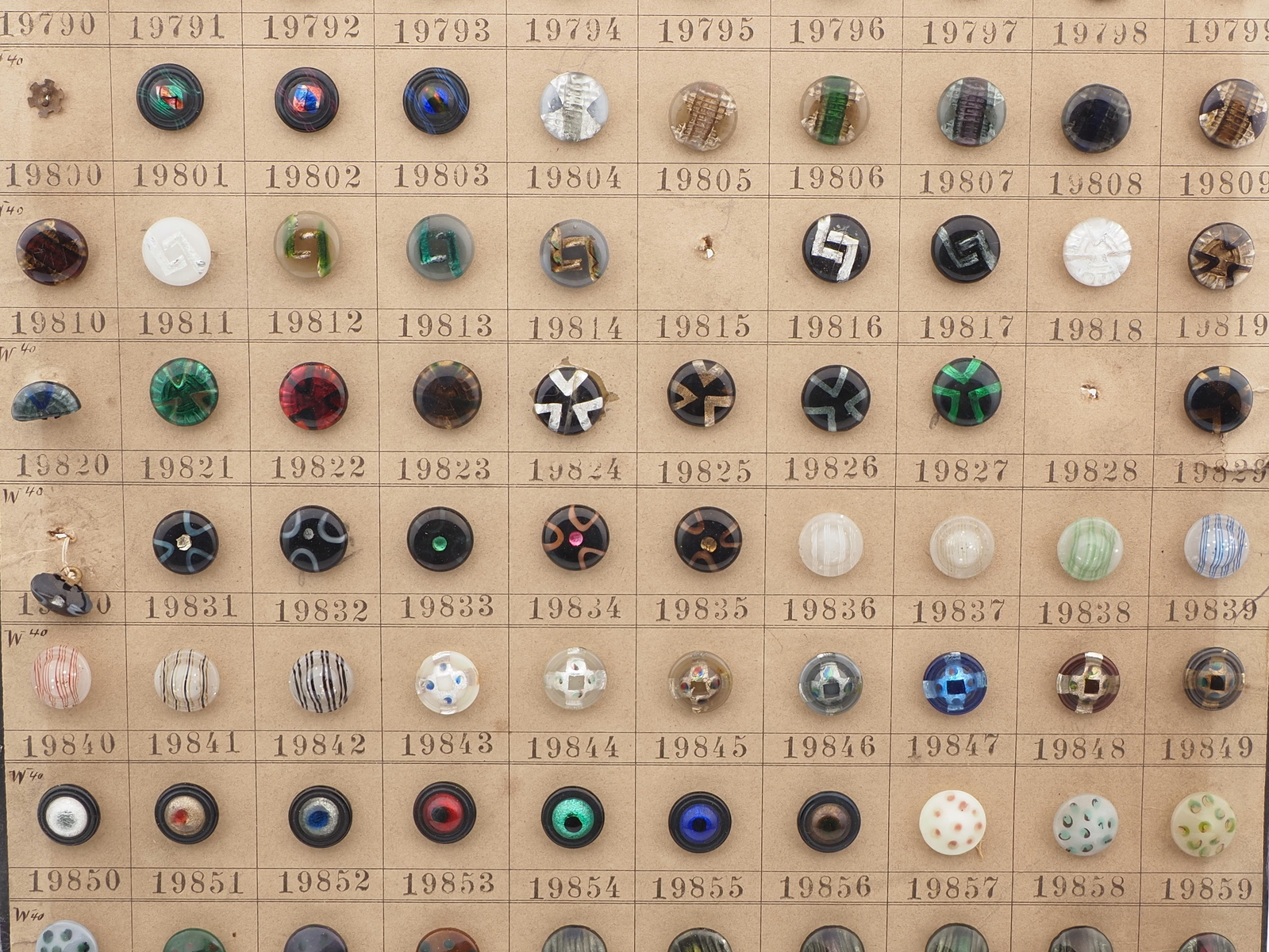 Sample card (136) Czech antique lampwork glass buttons rosette shank