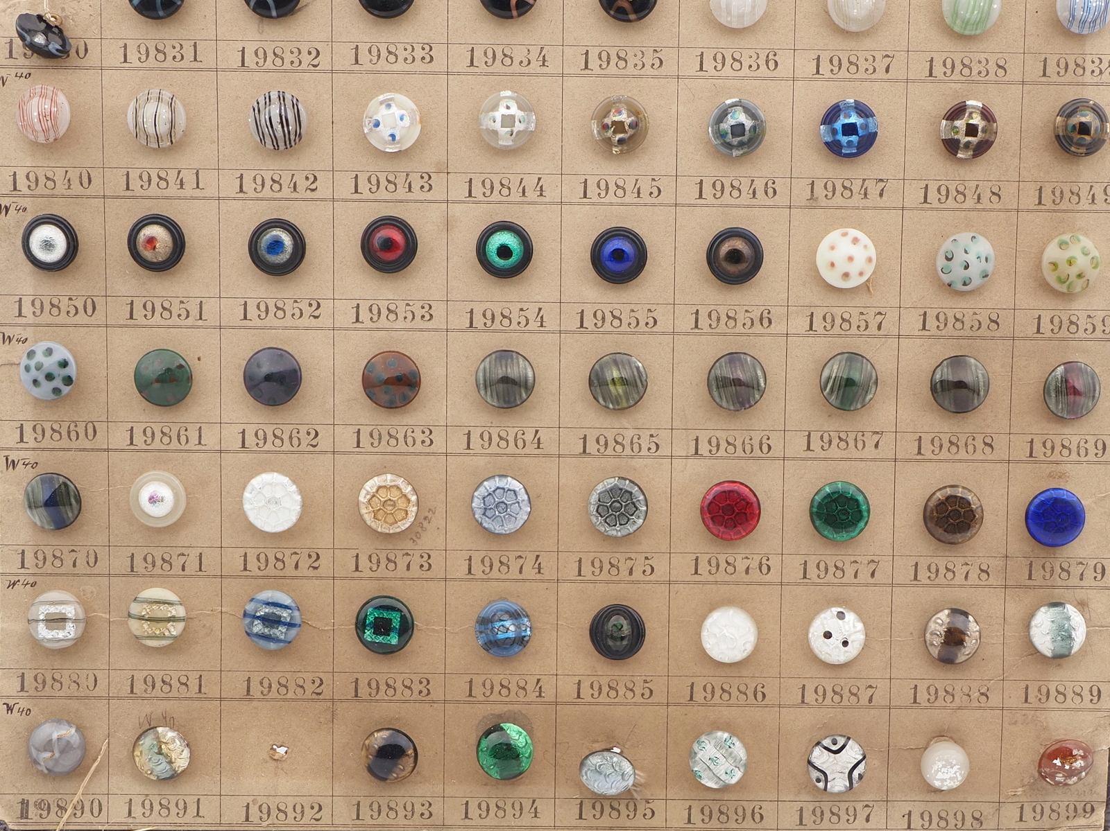 Sample card (136) Czech antique lampwork glass buttons rosette shank