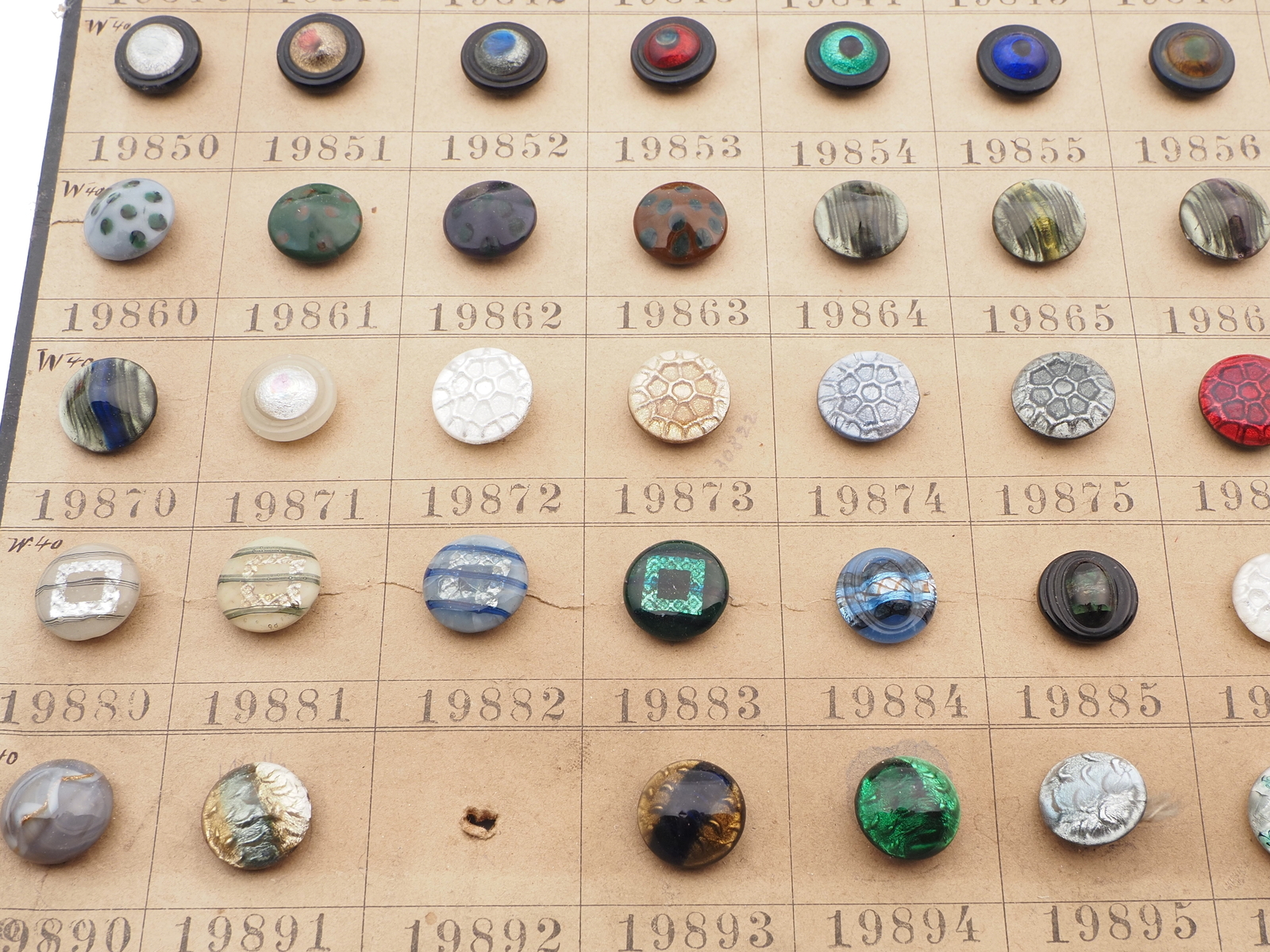 Sample card (136) Czech antique lampwork glass buttons rosette shank