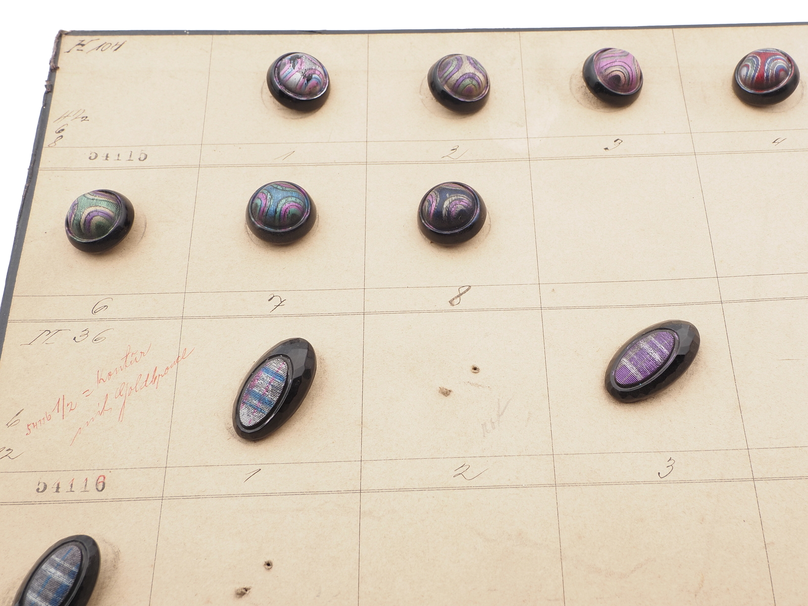 Sample card (32) Czech antique glass buttons fabric effect black