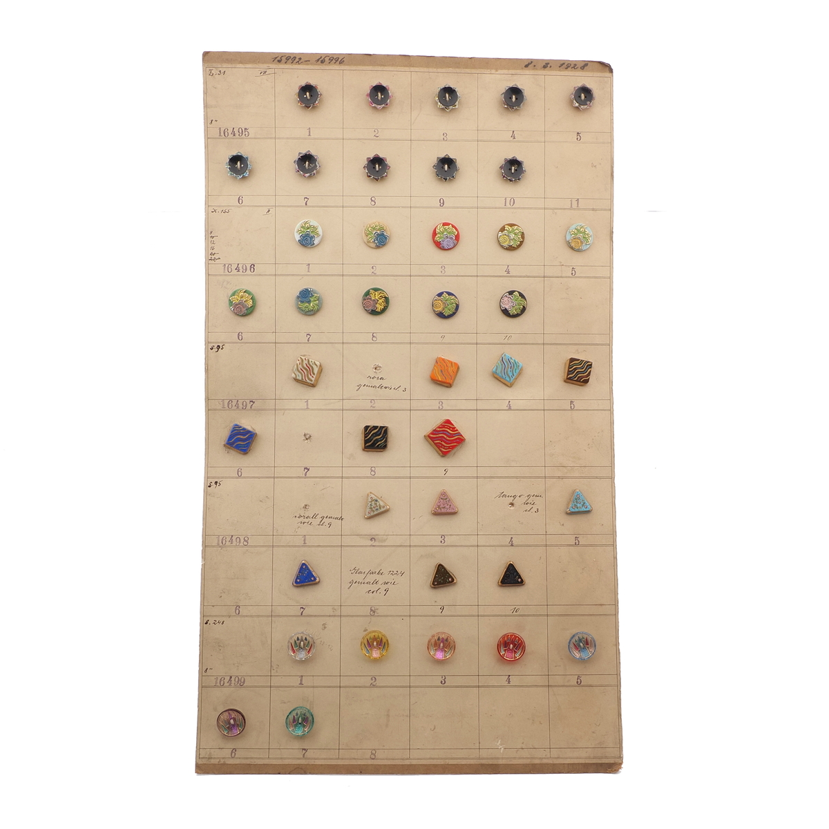 1928 Sample card (40) Czech antique glass buttons geometric floral Deco