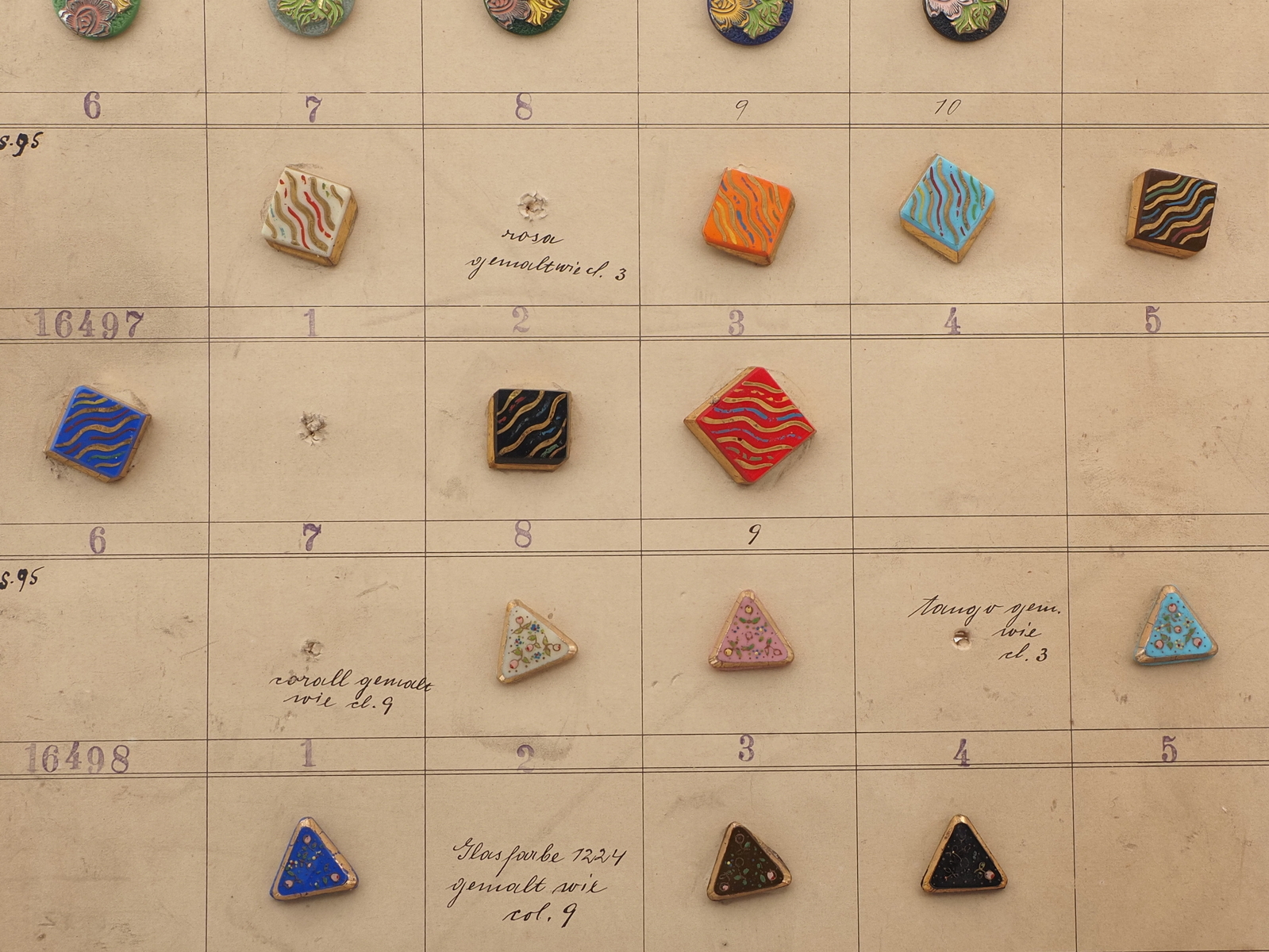 1928 Sample card (40) Czech antique glass buttons geometric floral Deco
