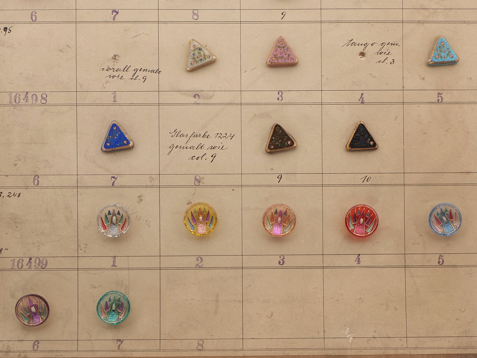 1928 Sample card (40) Czech antique glass buttons geometric floral Deco