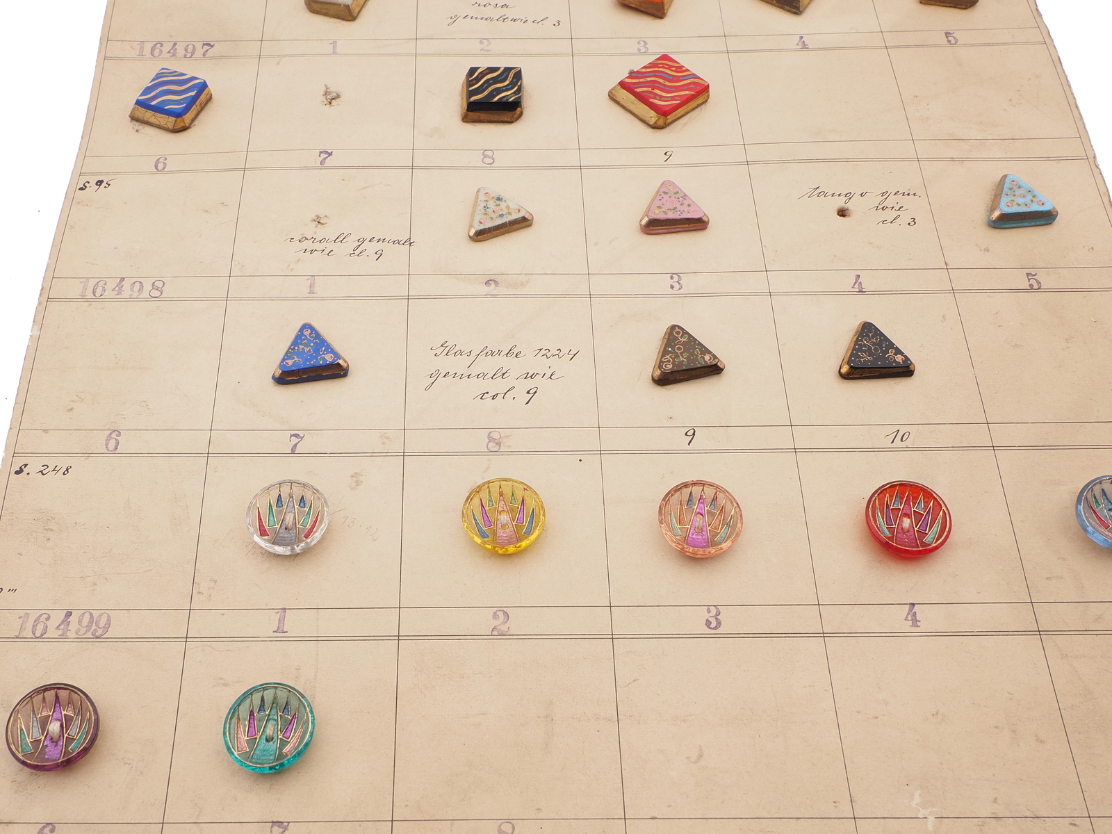 1928 Sample card (40) Czech antique glass buttons geometric floral Deco