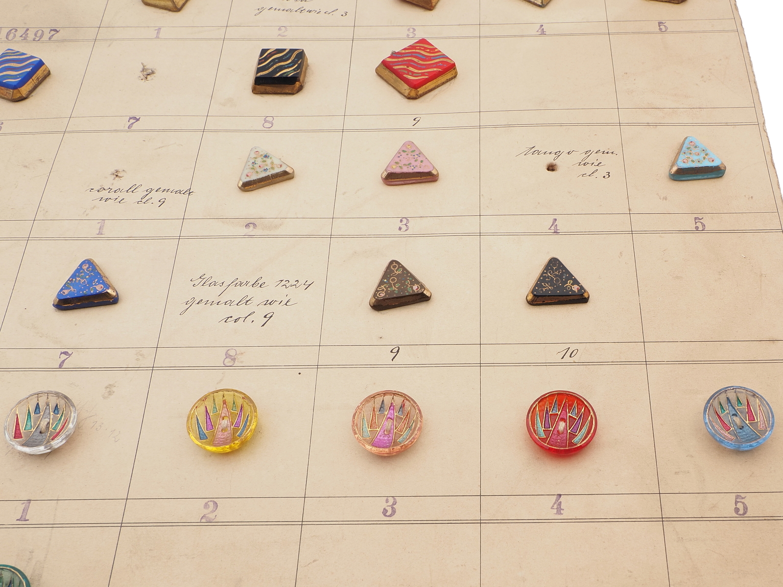 1928 Sample card (40) Czech antique glass buttons geometric floral Deco