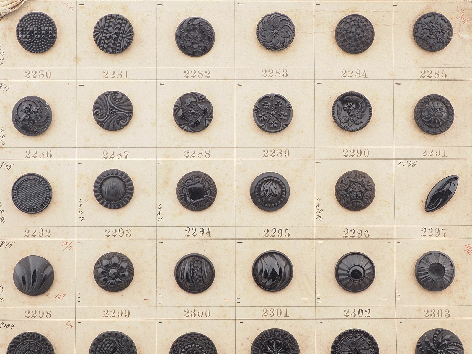 Sample card (58) Czech antique black glass buttons lacy floral geometric