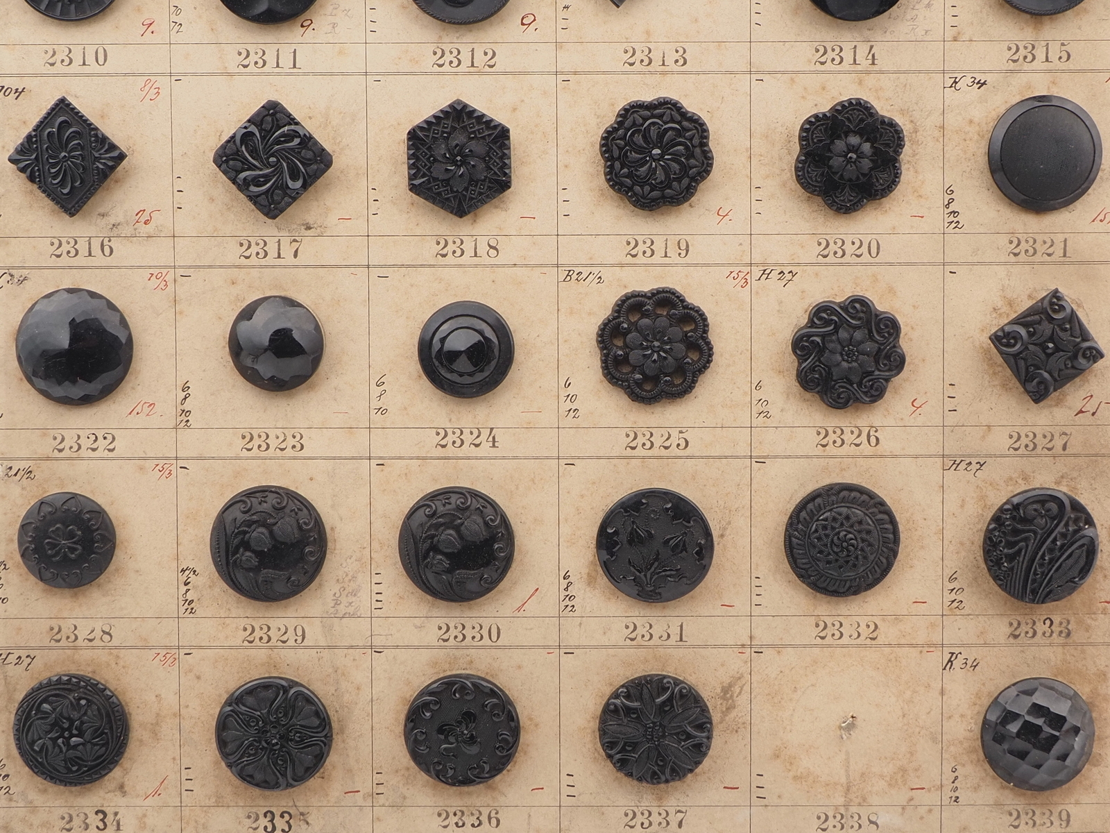 Sample card (58) Czech antique black glass buttons lacy floral geometric