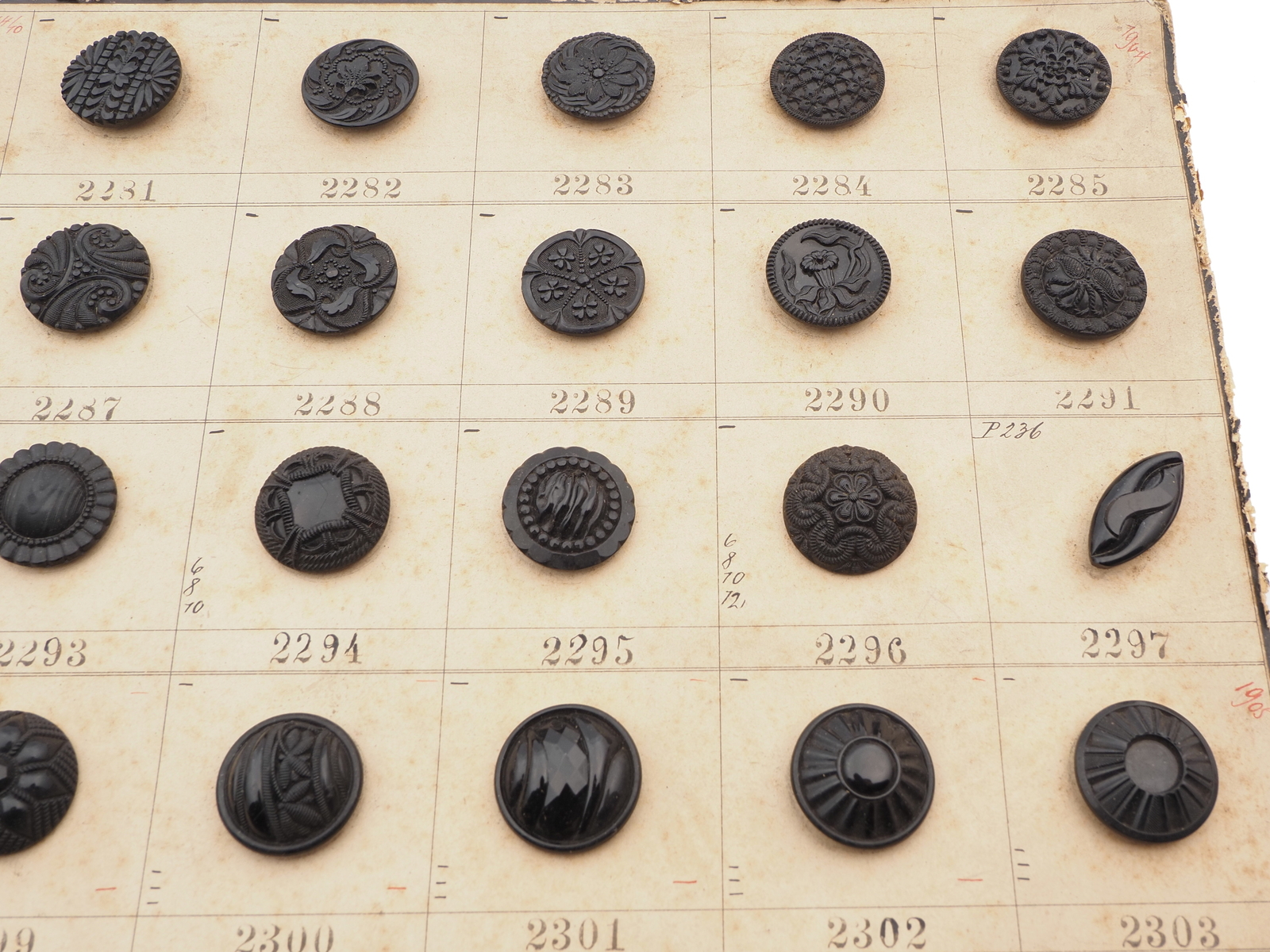 Sample card (58) Czech antique black glass buttons lacy floral geometric