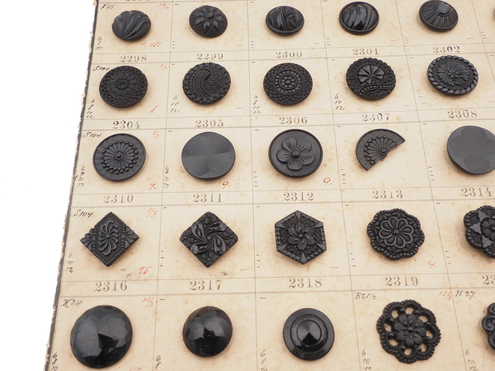 Sample card (58) Czech antique black glass buttons lacy floral geometric