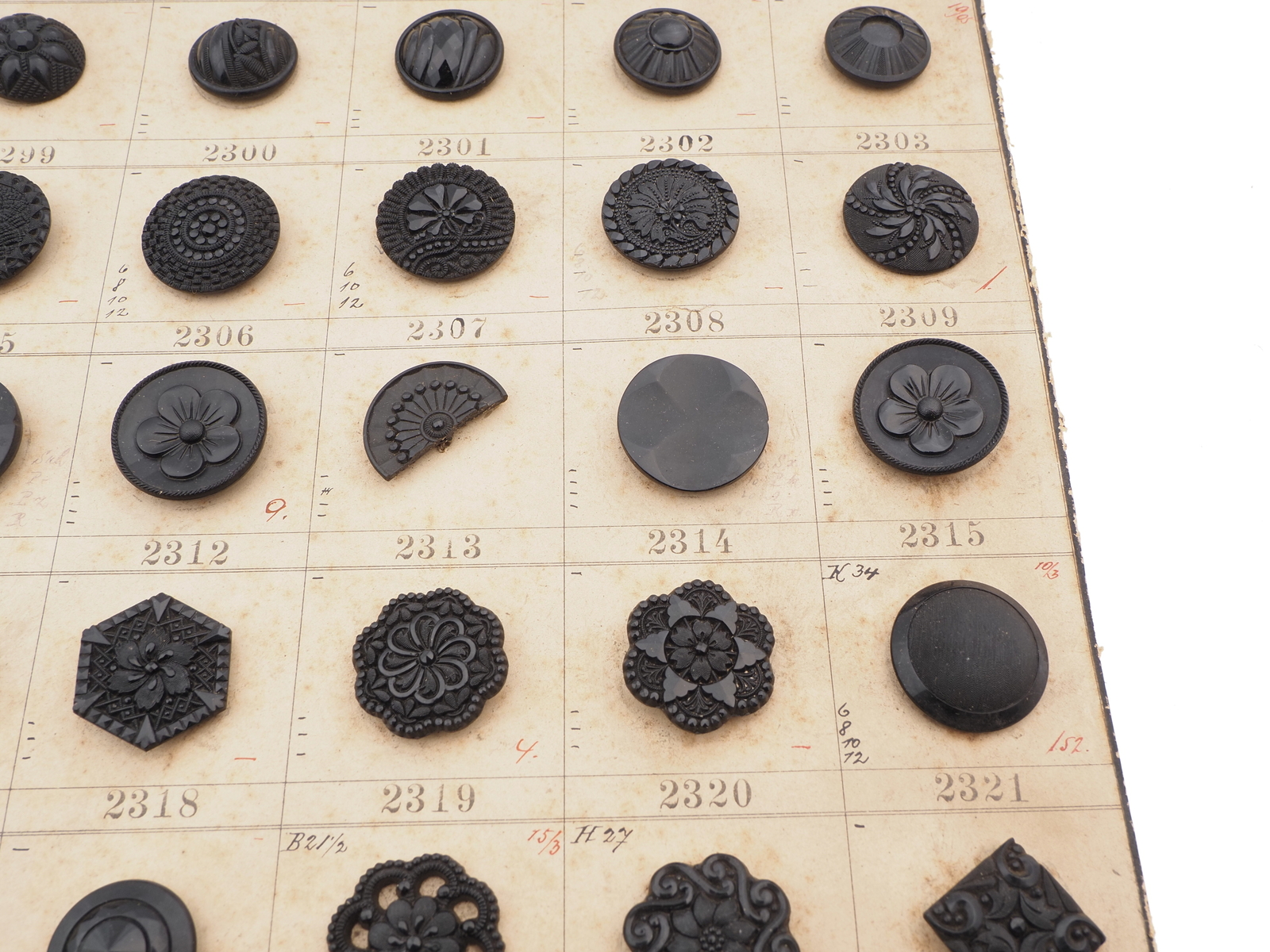 Sample card (58) Czech antique black glass buttons lacy floral geometric