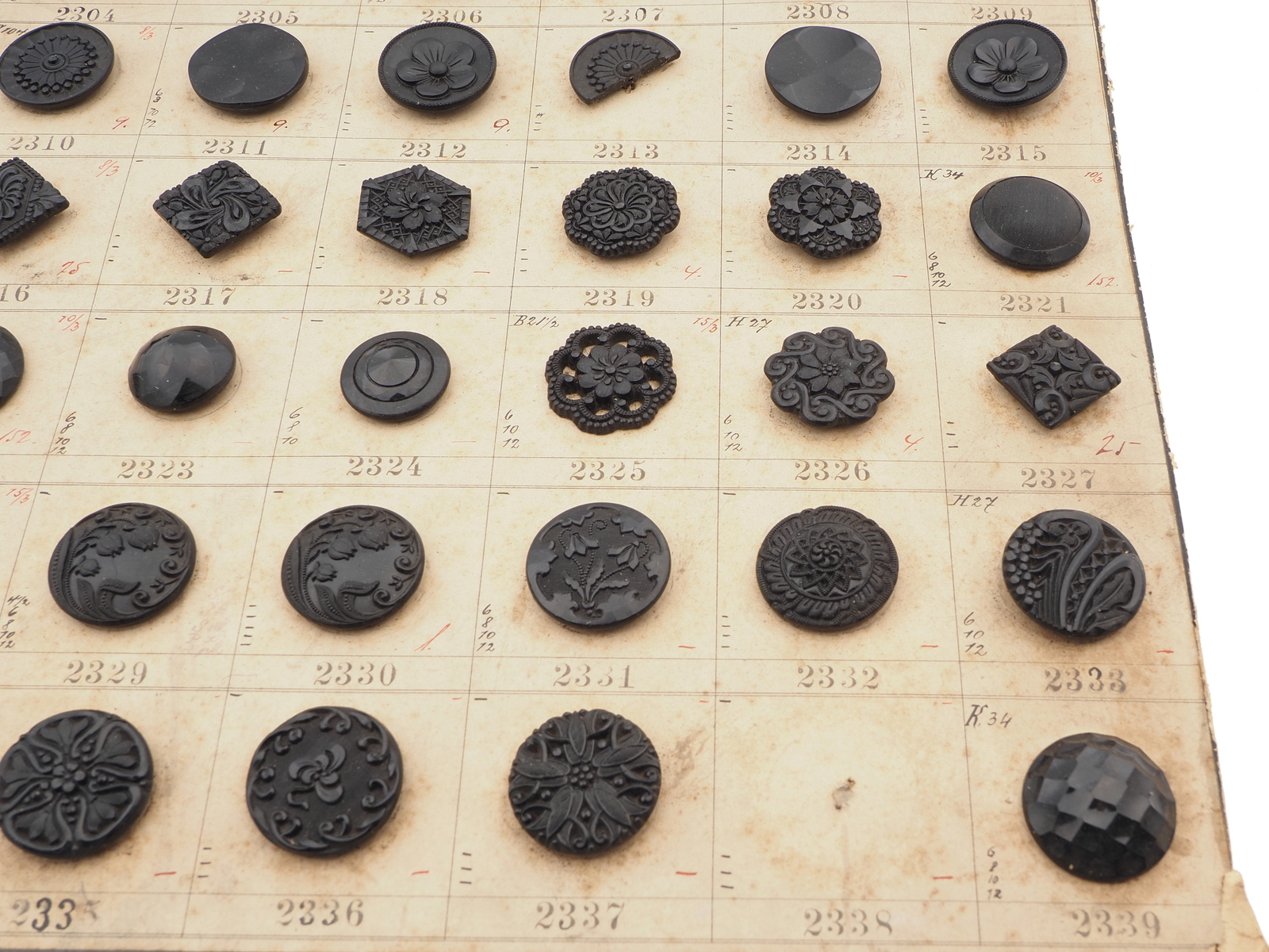 Sample card (58) Czech antique black glass buttons lacy floral geometric