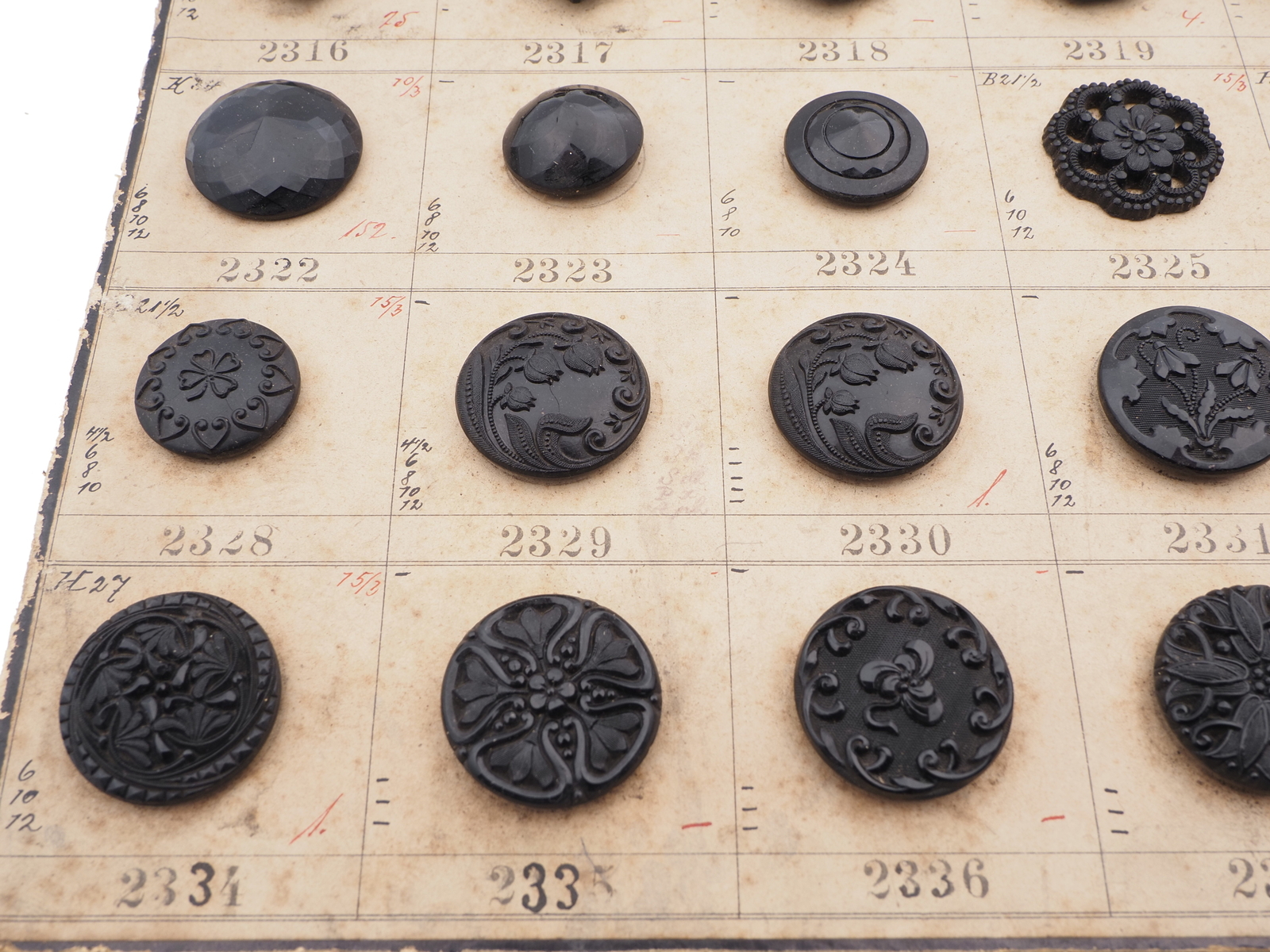 Sample card (58) Czech antique black glass buttons lacy floral geometric