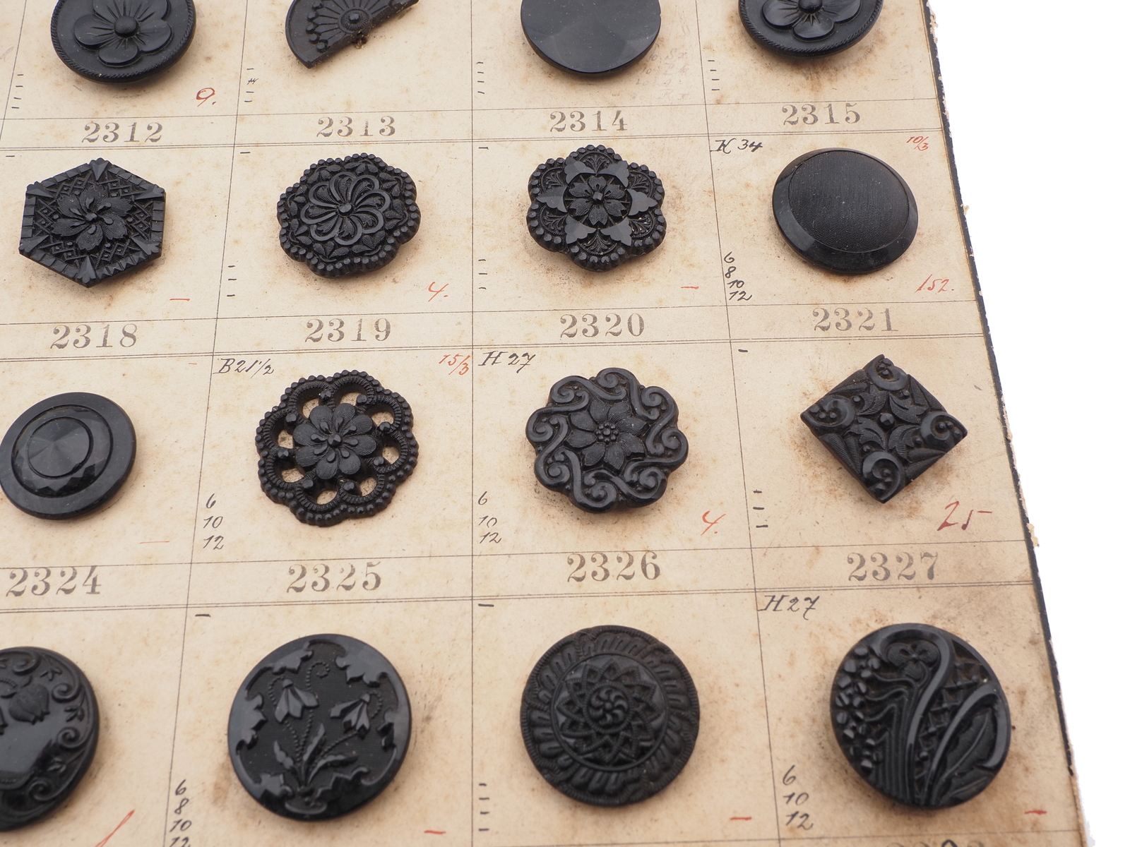Sample card (58) Czech antique black glass buttons lacy floral geometric