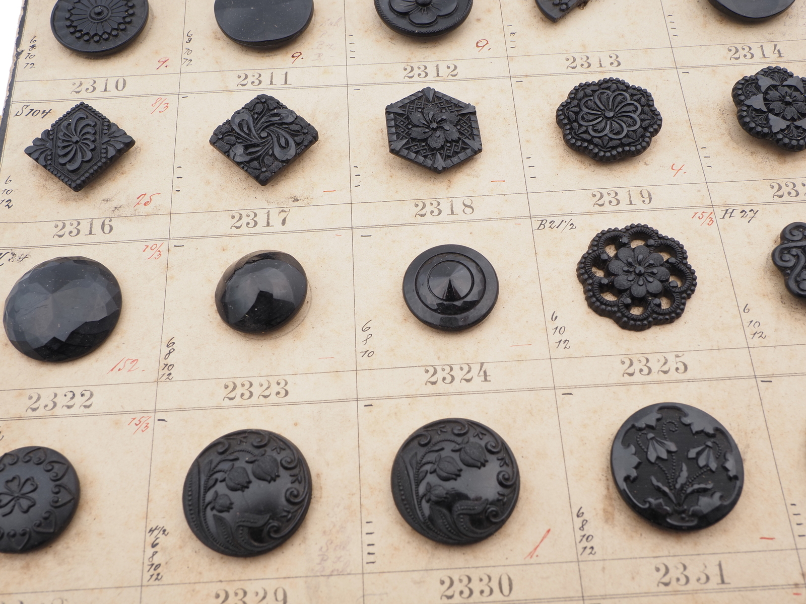 Sample card (58) Czech antique black glass buttons lacy floral geometric