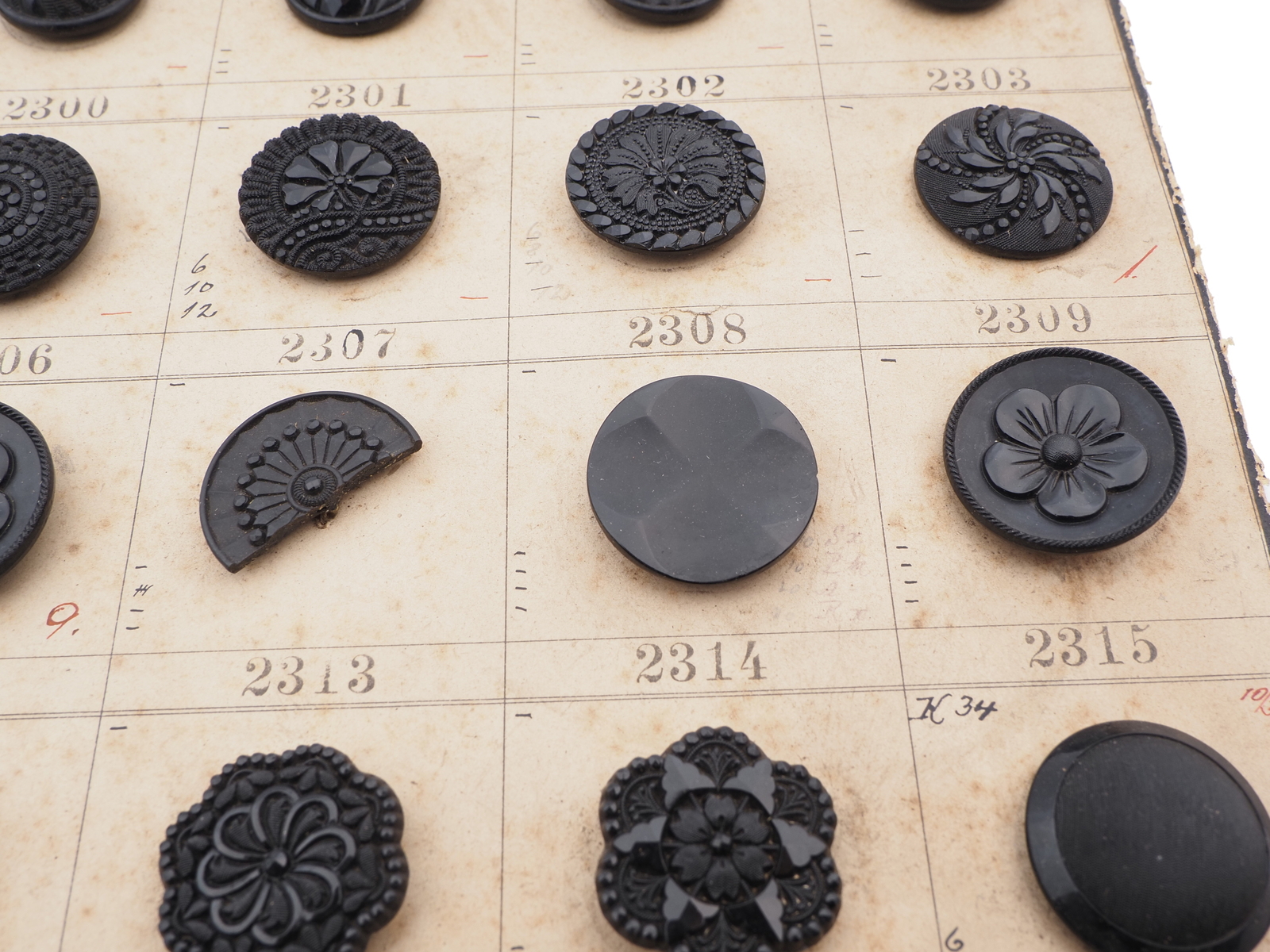 Sample card (58) Czech antique black glass buttons lacy floral geometric