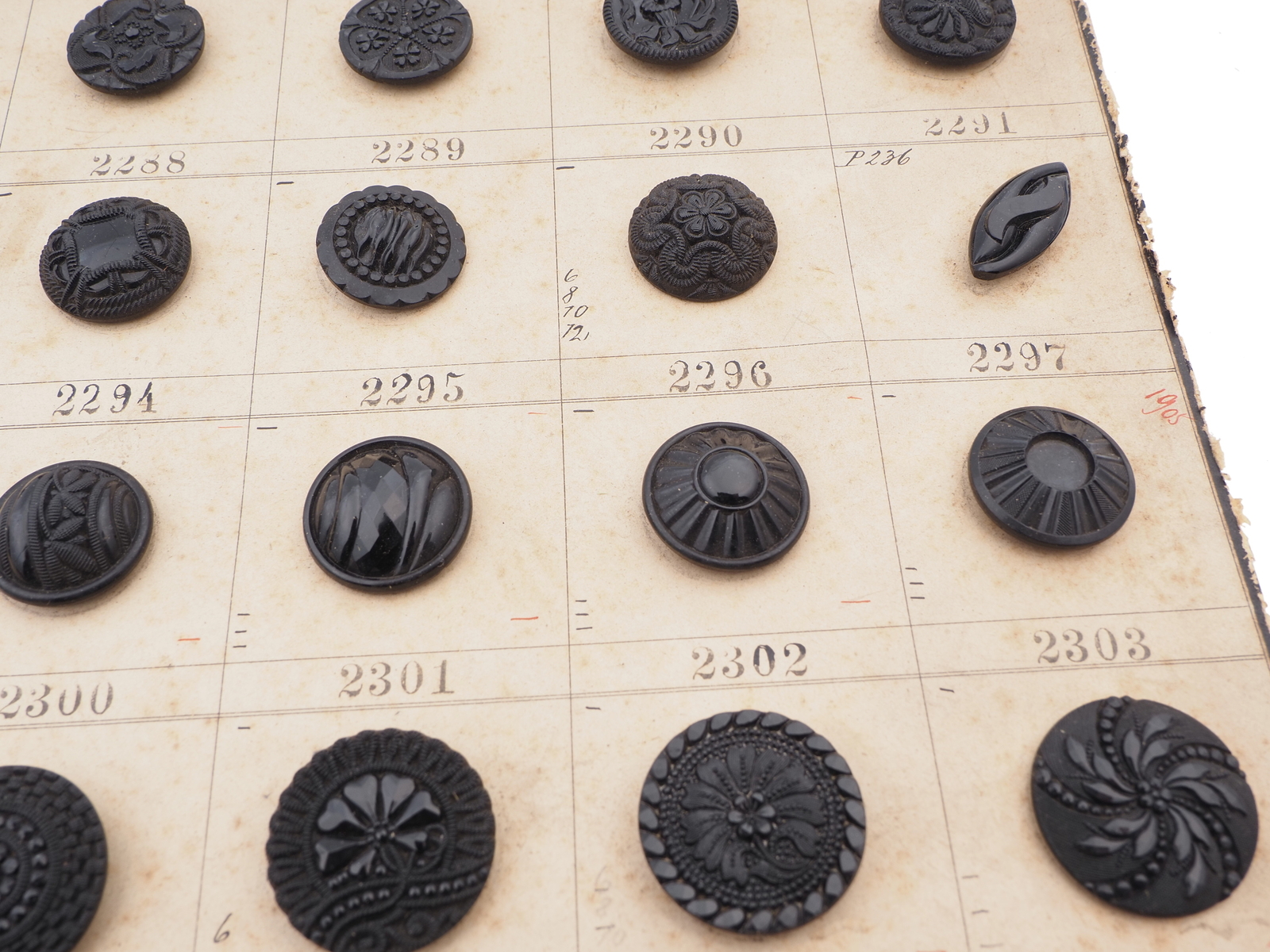 Sample card (58) Czech antique black glass buttons lacy floral geometric