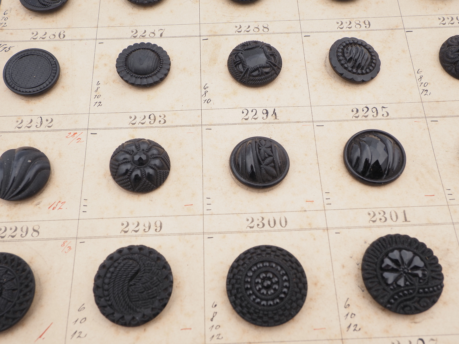Sample card (58) Czech antique black glass buttons lacy floral geometric