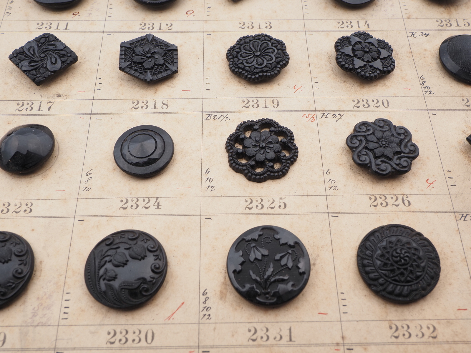 Sample card (58) Czech antique black glass buttons lacy floral geometric
