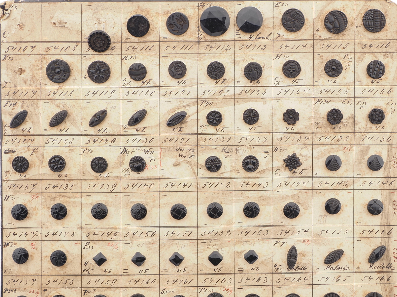 Sample card (134) Czech antique black glass buttons geometric floral 