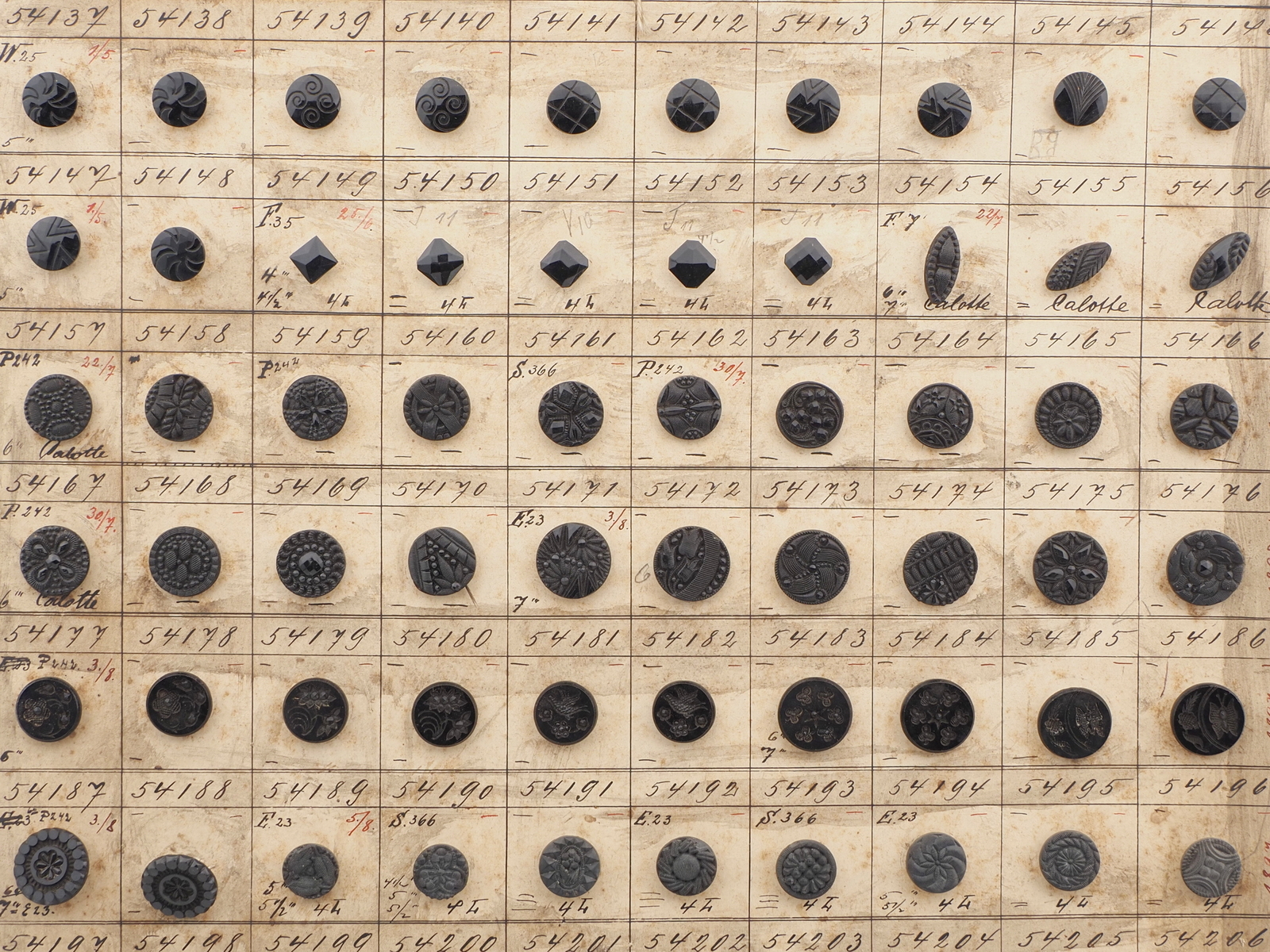 Sample card (134) Czech antique black glass buttons geometric floral 
