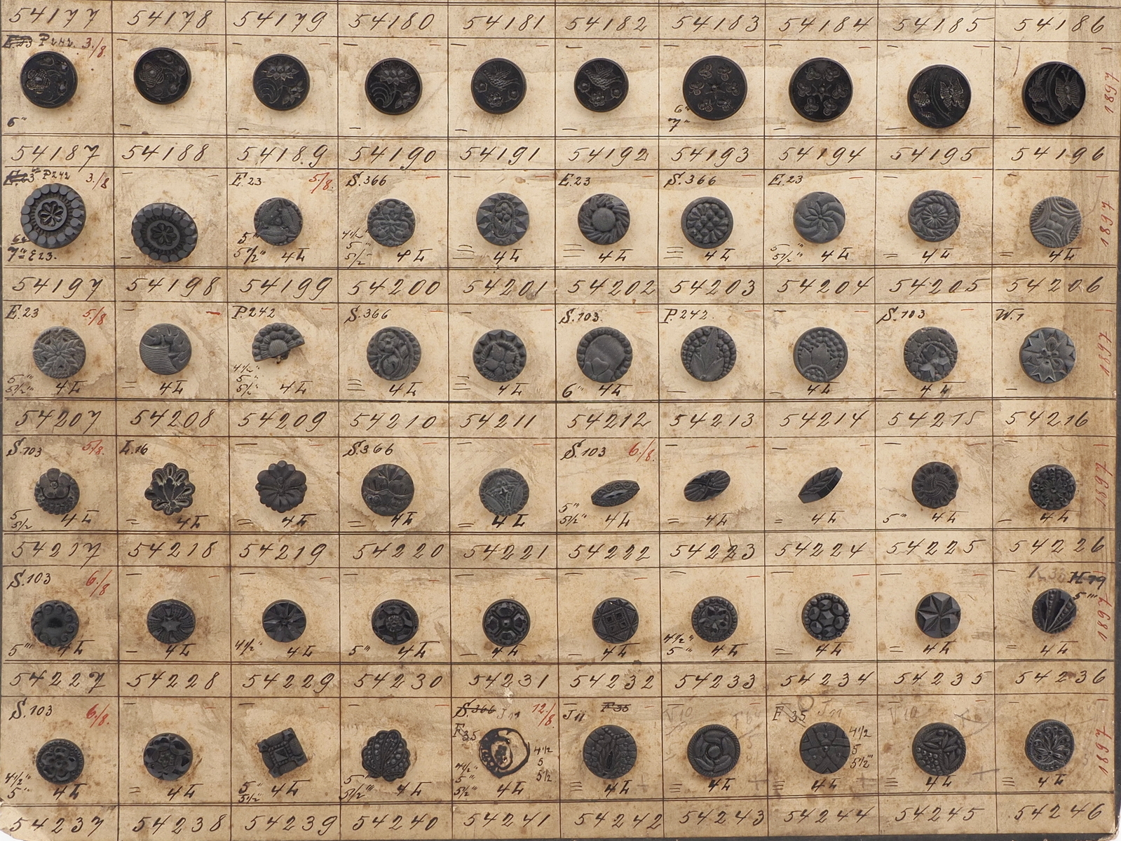 Sample card (134) Czech antique black glass buttons geometric floral 