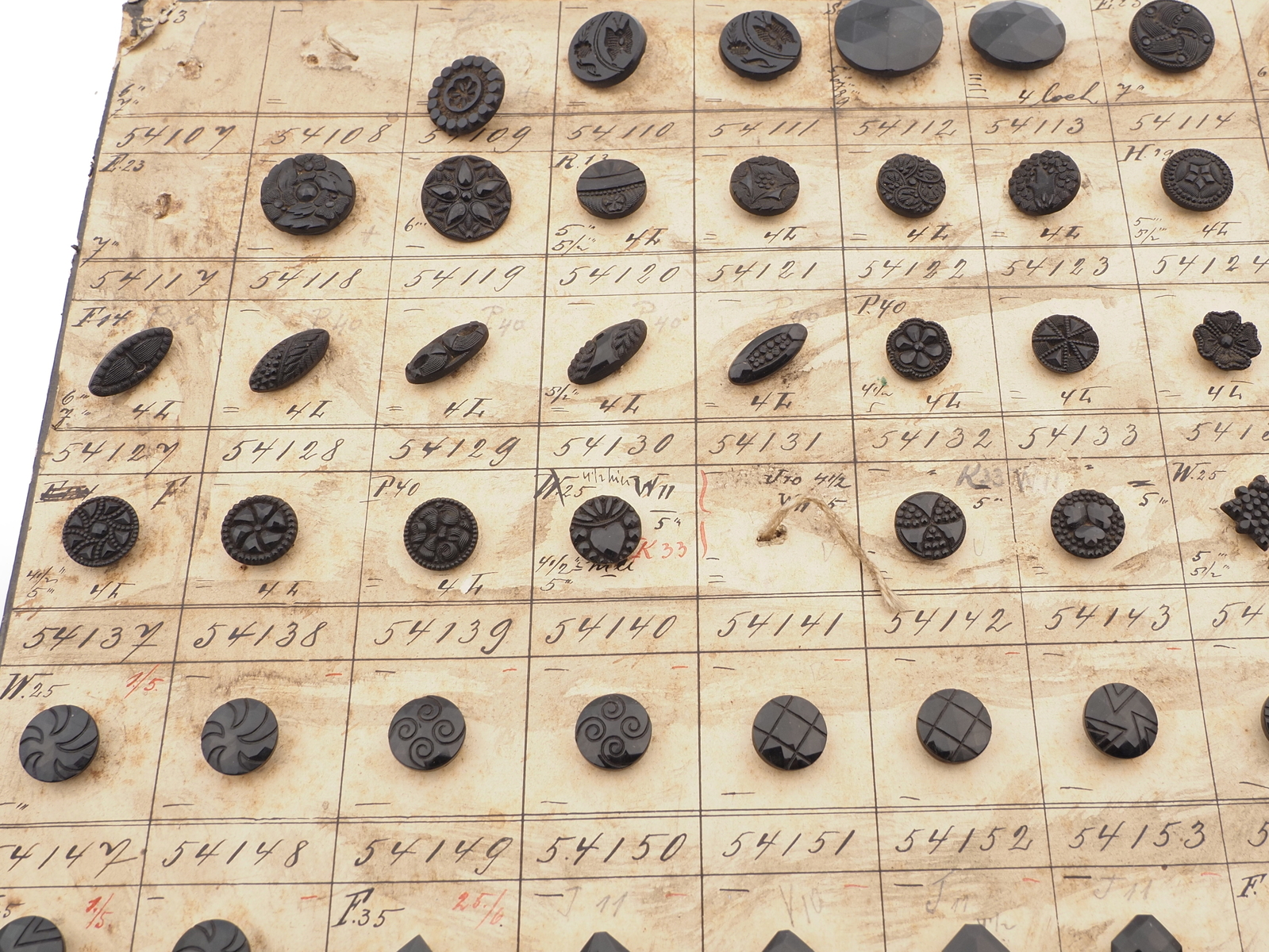 Sample card (134) Czech antique black glass buttons geometric floral 