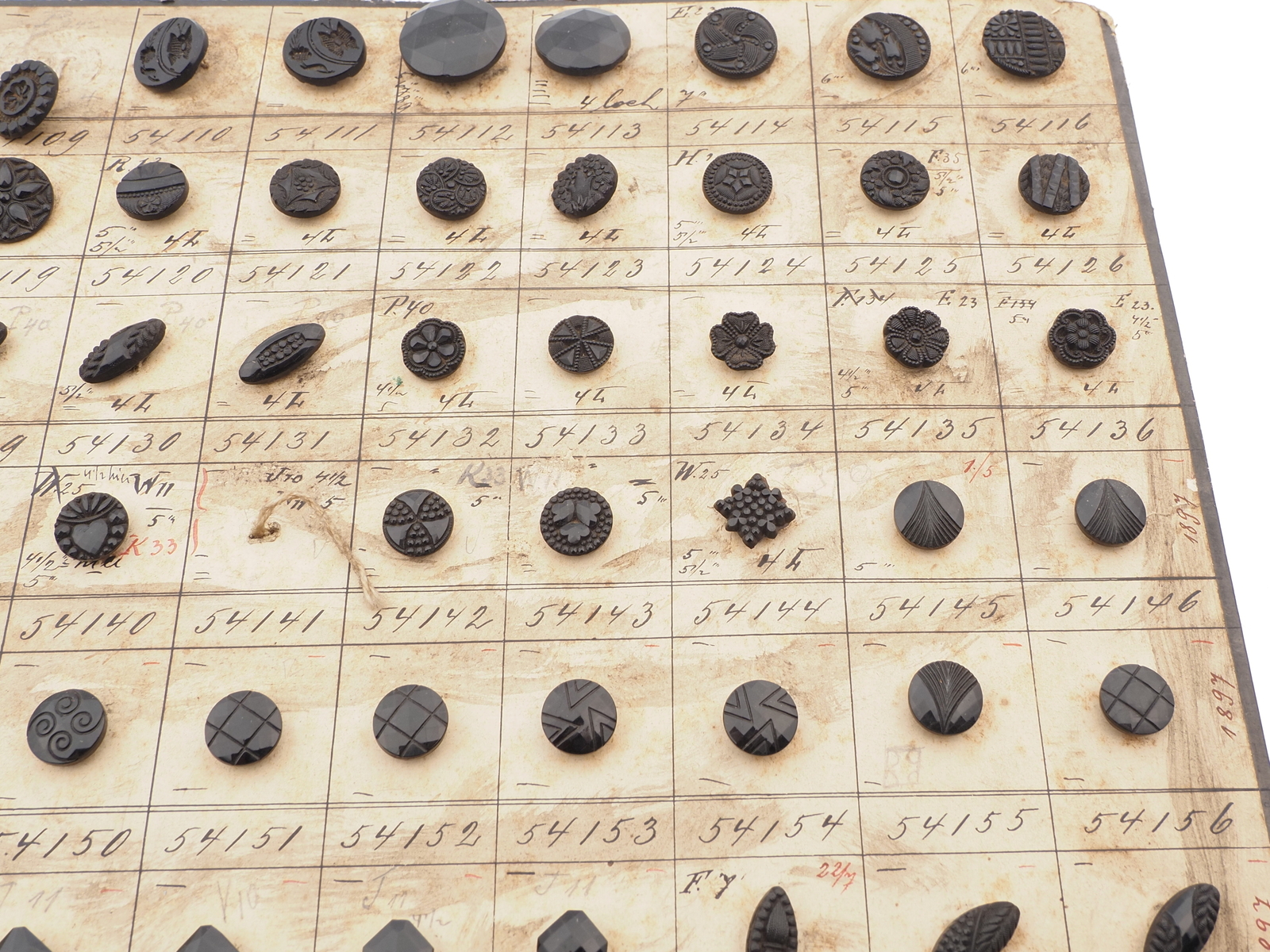 Sample card (134) Czech antique black glass buttons geometric floral 