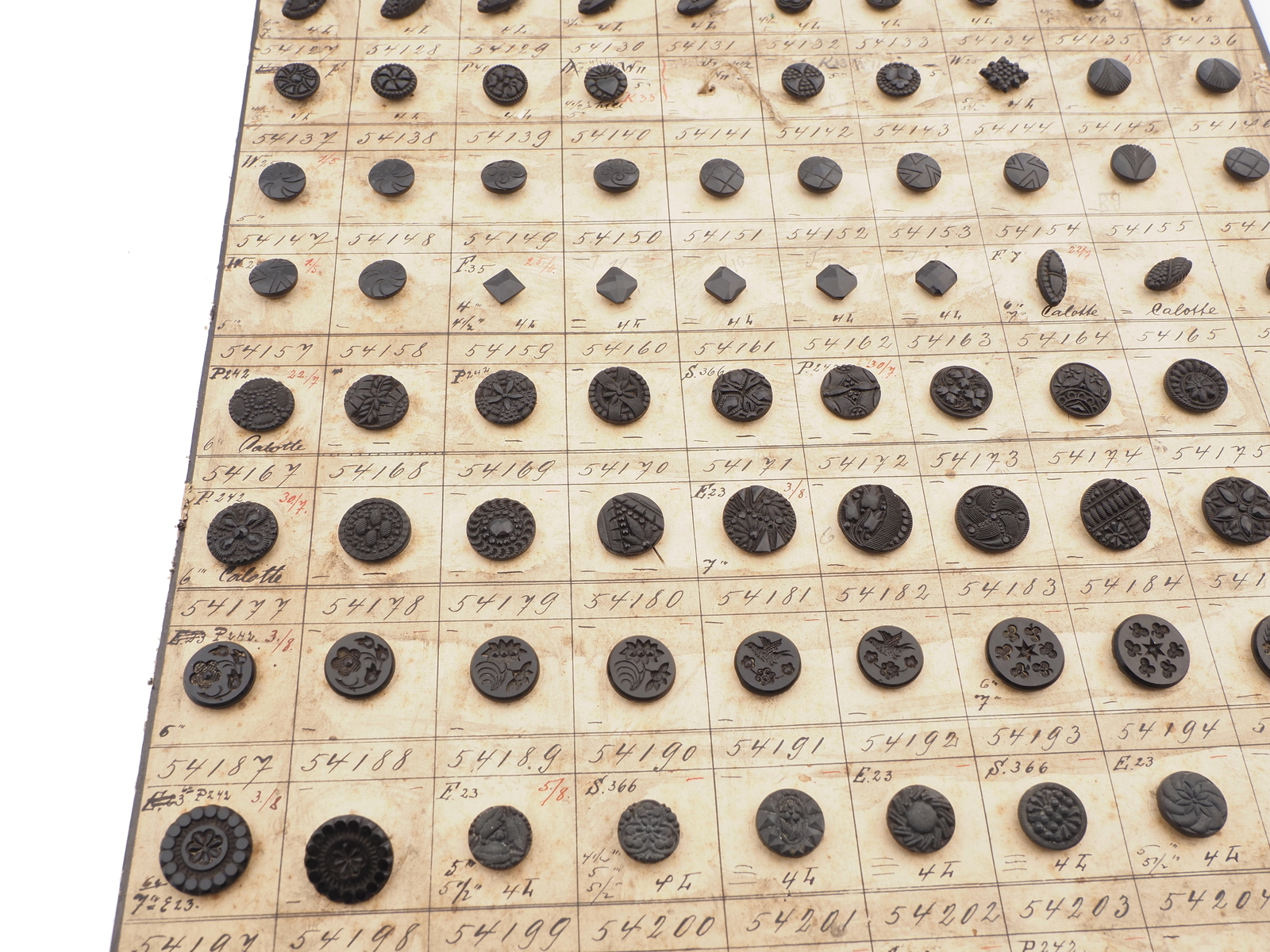 Sample card (134) Czech antique black glass buttons geometric floral 