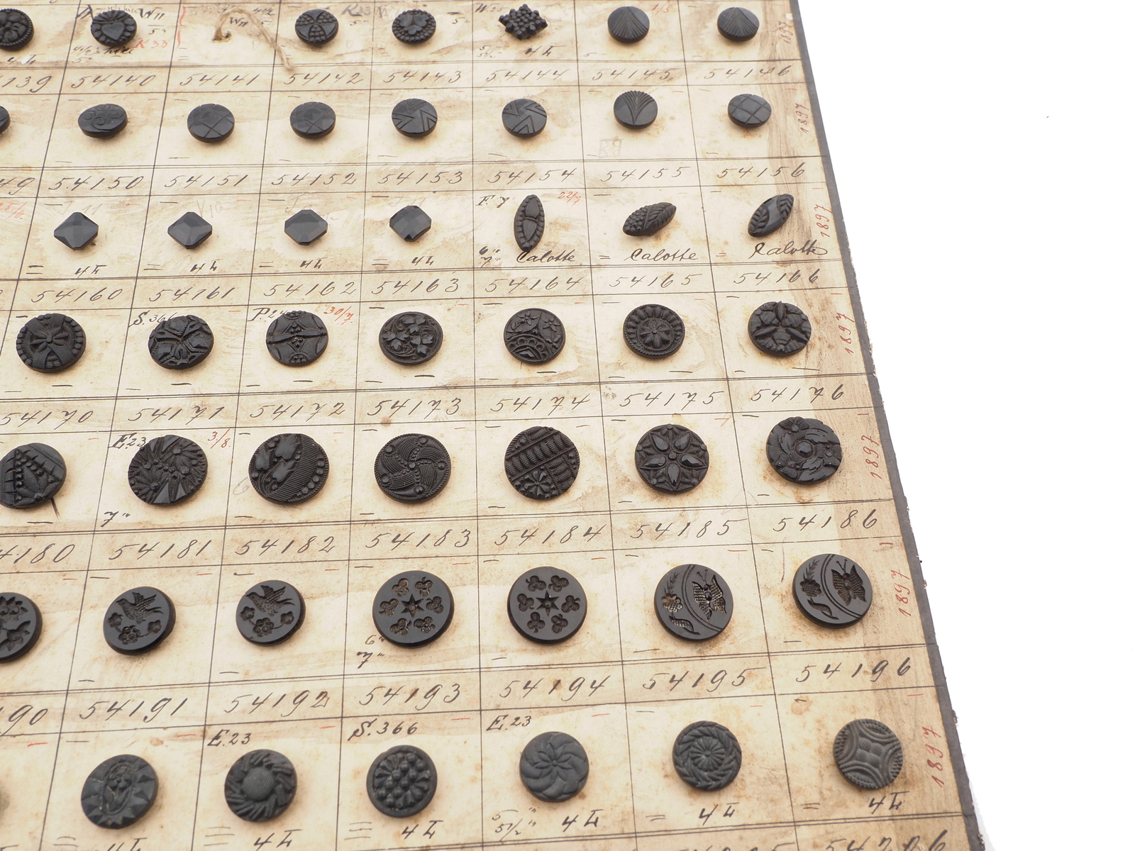 Sample card (134) Czech antique black glass buttons geometric floral 