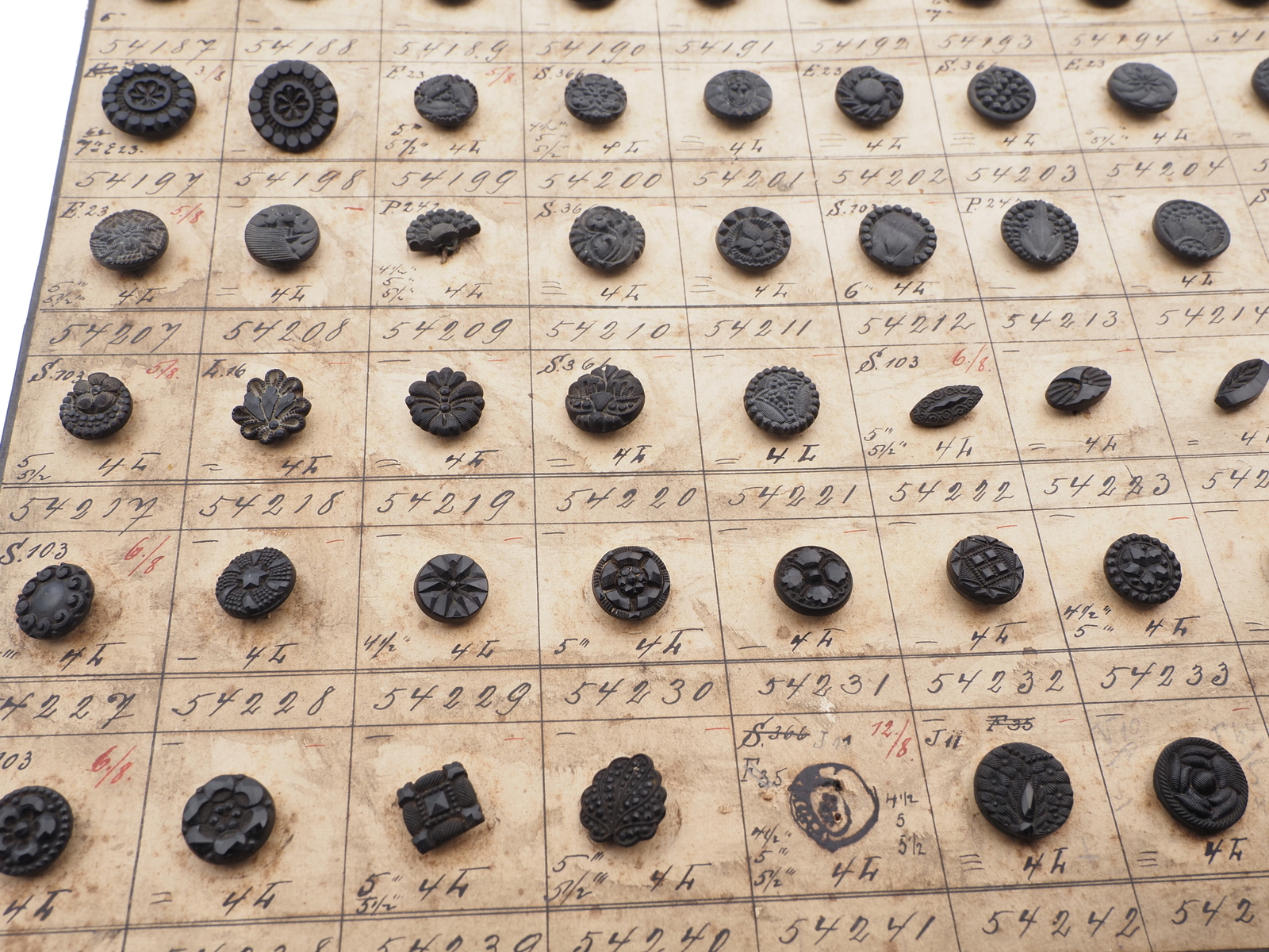 Sample card (134) Czech antique black glass buttons geometric floral 